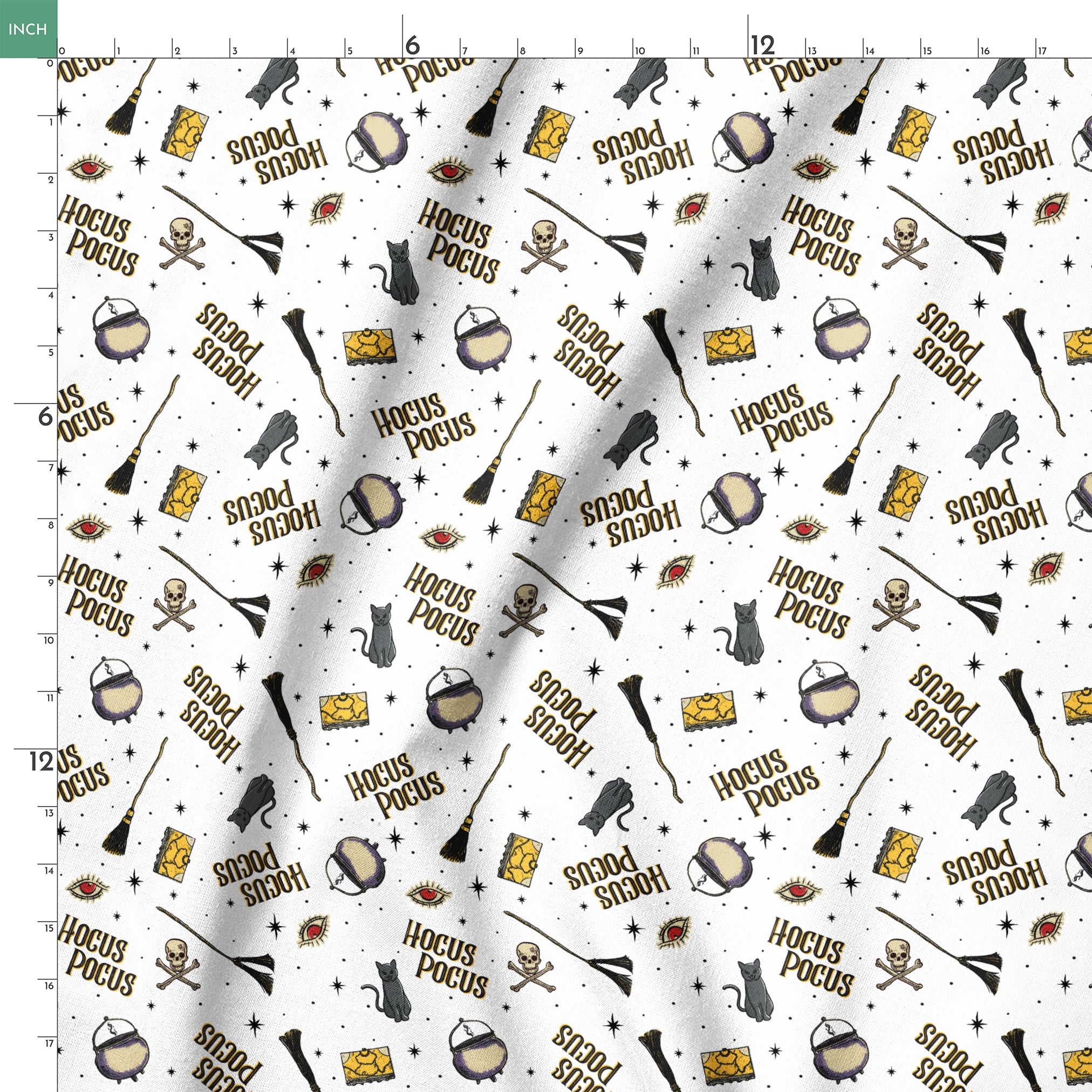 Repeating pattern of witchcraft items with "Hocus Pocus" text, cauldrons, brooms, and mystical symbols on white background springs ruler 18x18