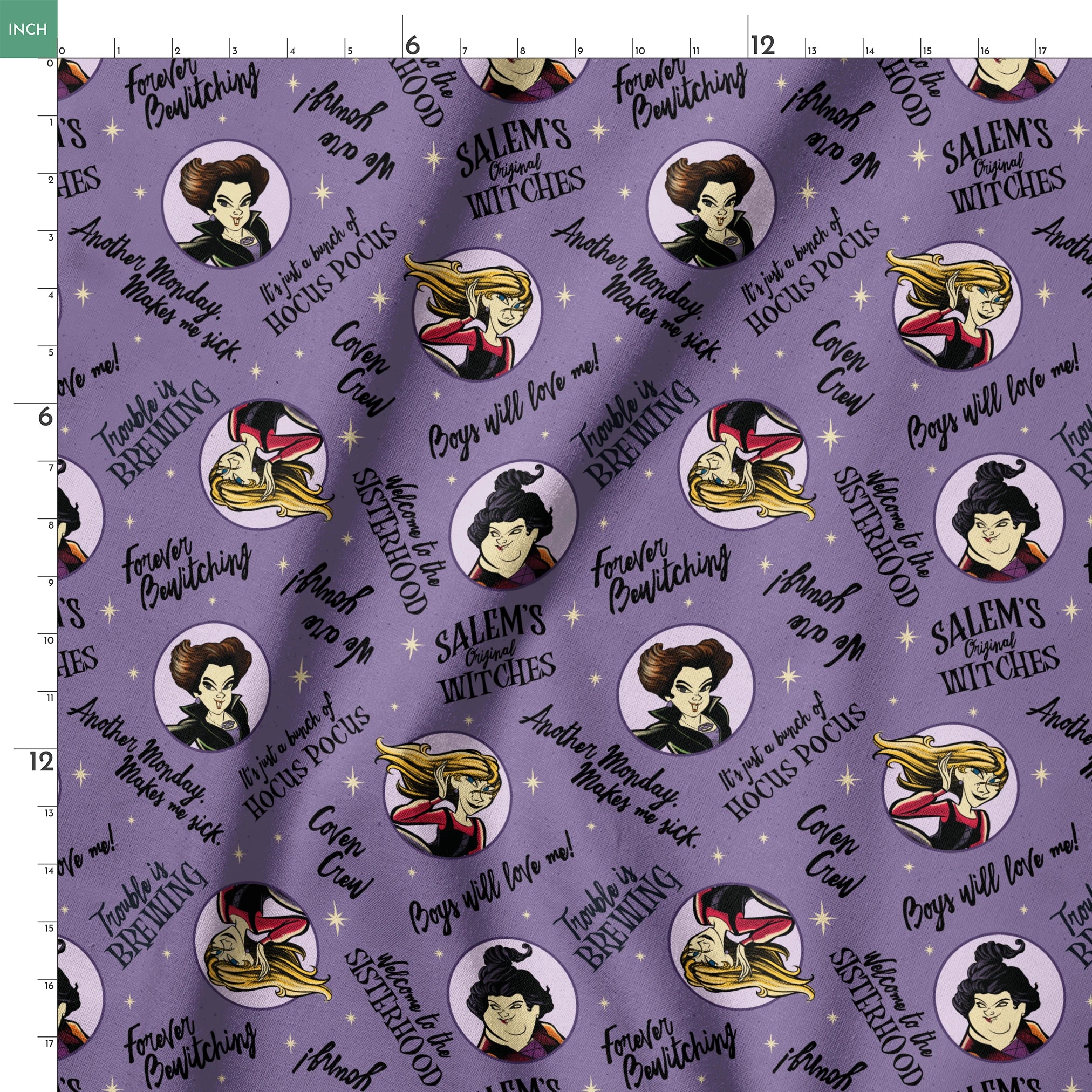 Purple background pattern with cartoon witches in circles, magical phrases and stars scattered throughout in black text springs ruler 18x18