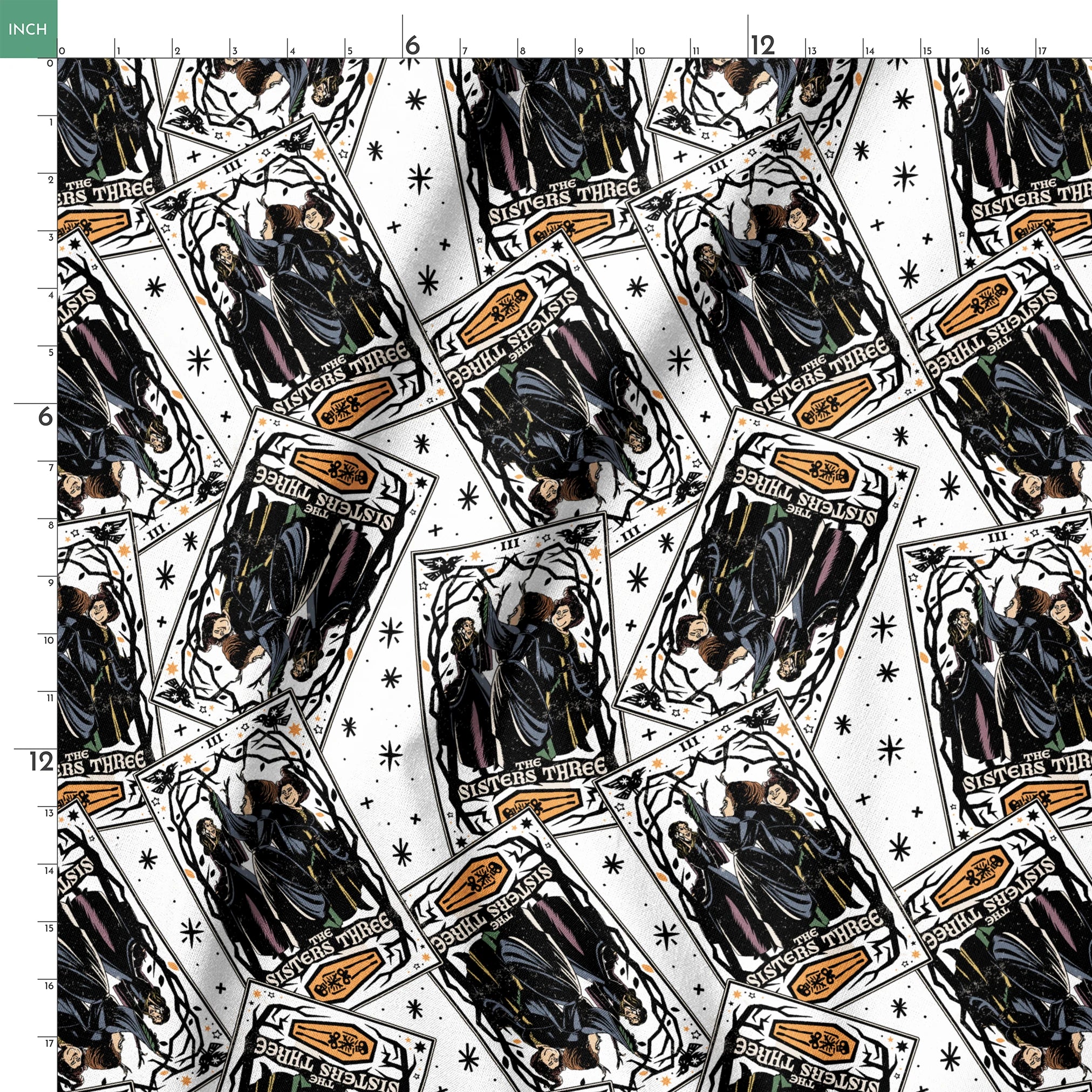 Scattered Hocus Pocus cards showing robed figures against white background with stars springs ruler 18x18