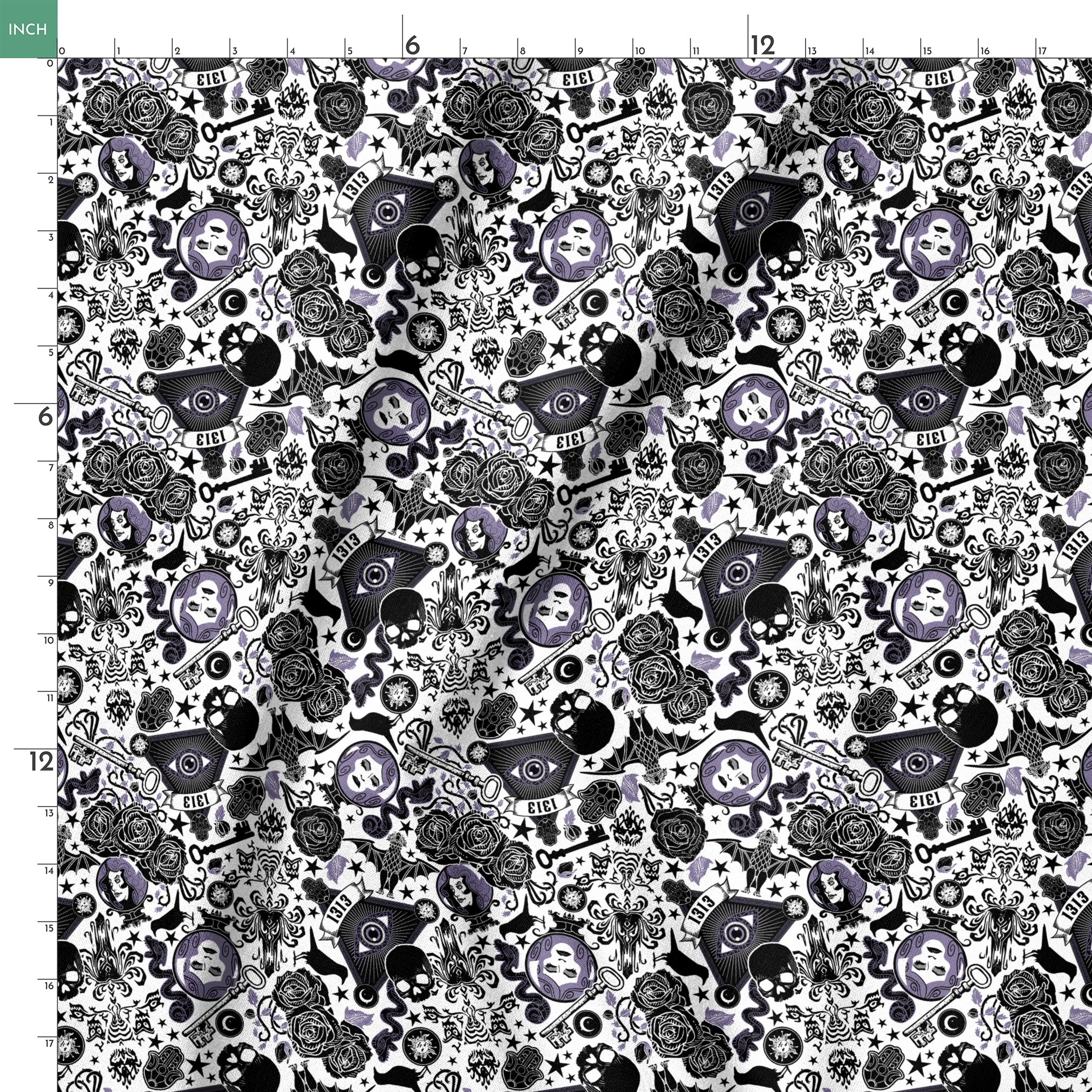 Gothic-inspired pattern with roses, medallions, ravens, and Victorian motifs in black and purple springs ruler 18x18