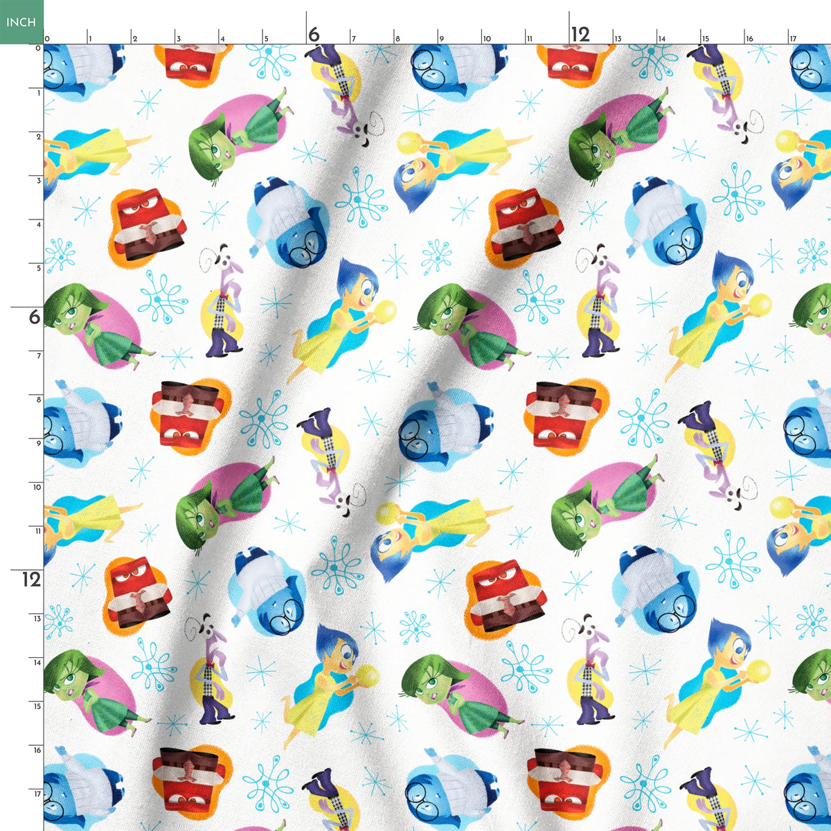 Colorful pattern of cartoon Inside Out characters with snowflake accents on white background springs ruler 18x18