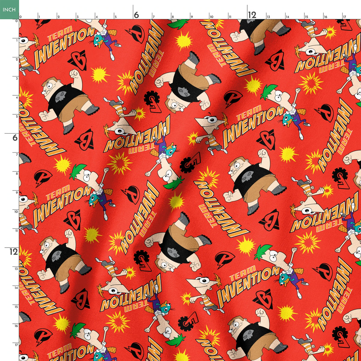 Red background pattern with Phineas and Ferb, text reading "Invention" and "McTheim", yellow starbursts, and comic-style design elements springs ruler 18x18