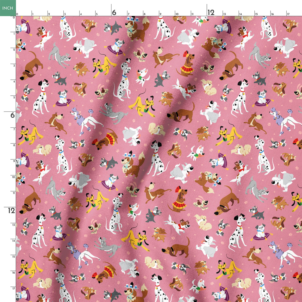 Colorful dog pattern with various cartoon breeds on pink background including dalmatians, terriers, and dachshunds springs ruler 18x18