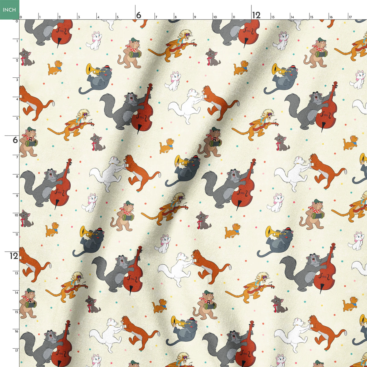 Musical cats and dogs pattern with animals playing instruments on cream background springs ruler 18x18
