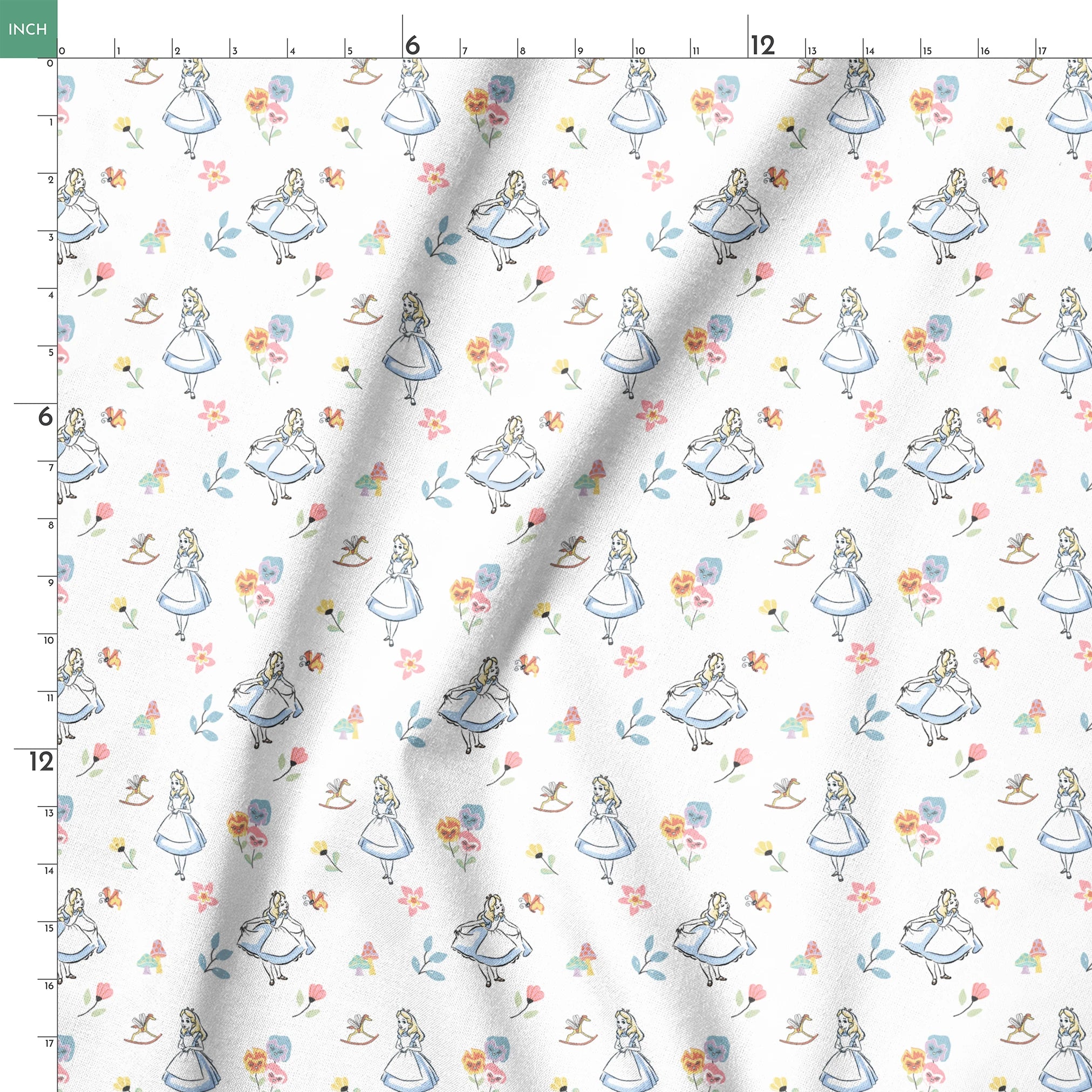 Whimsical pattern featuring character in blue dress with flowers, mushrooms, and rocking horse springs ruler 18x18