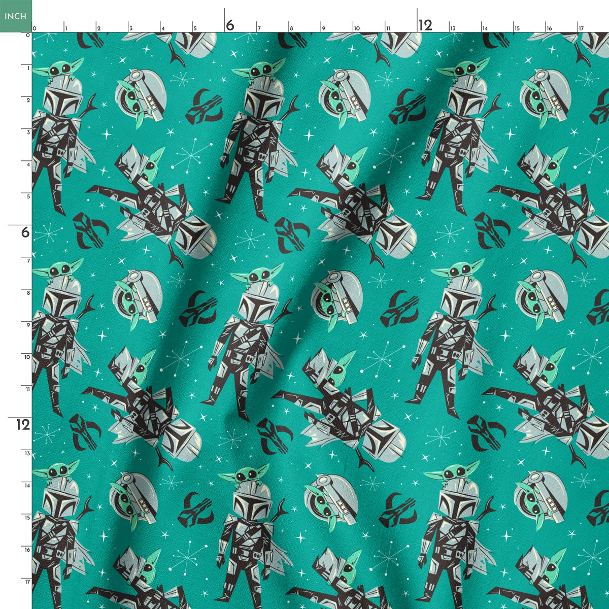 Cartoon-style Star Wars pattern with Baby Yoda and Mandalorian figures on teal background with stars springs ruler 18x18