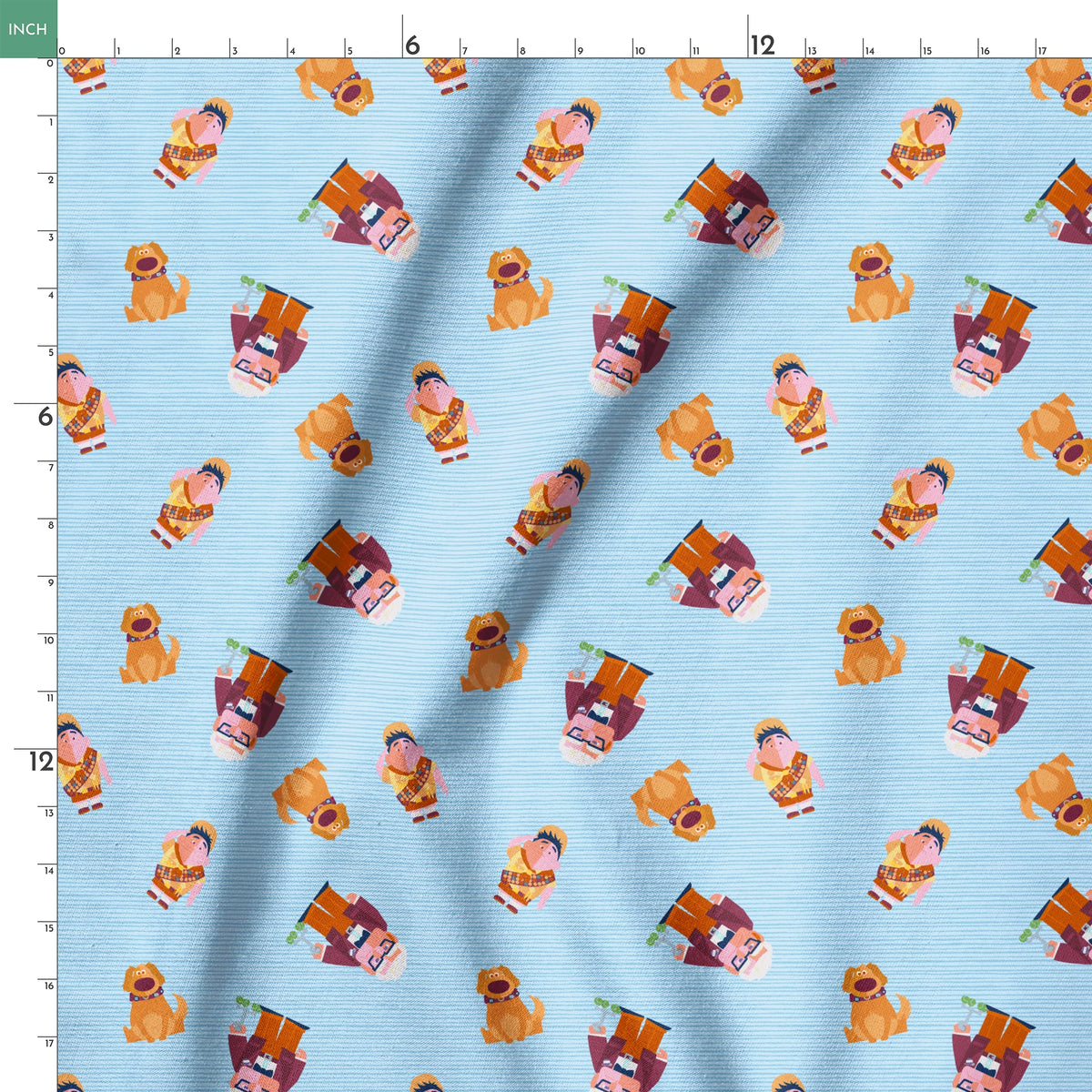 Cartoon characters from Up movie pattern on light blue striped background, featuring colorful illustrations springs ruler 18x18