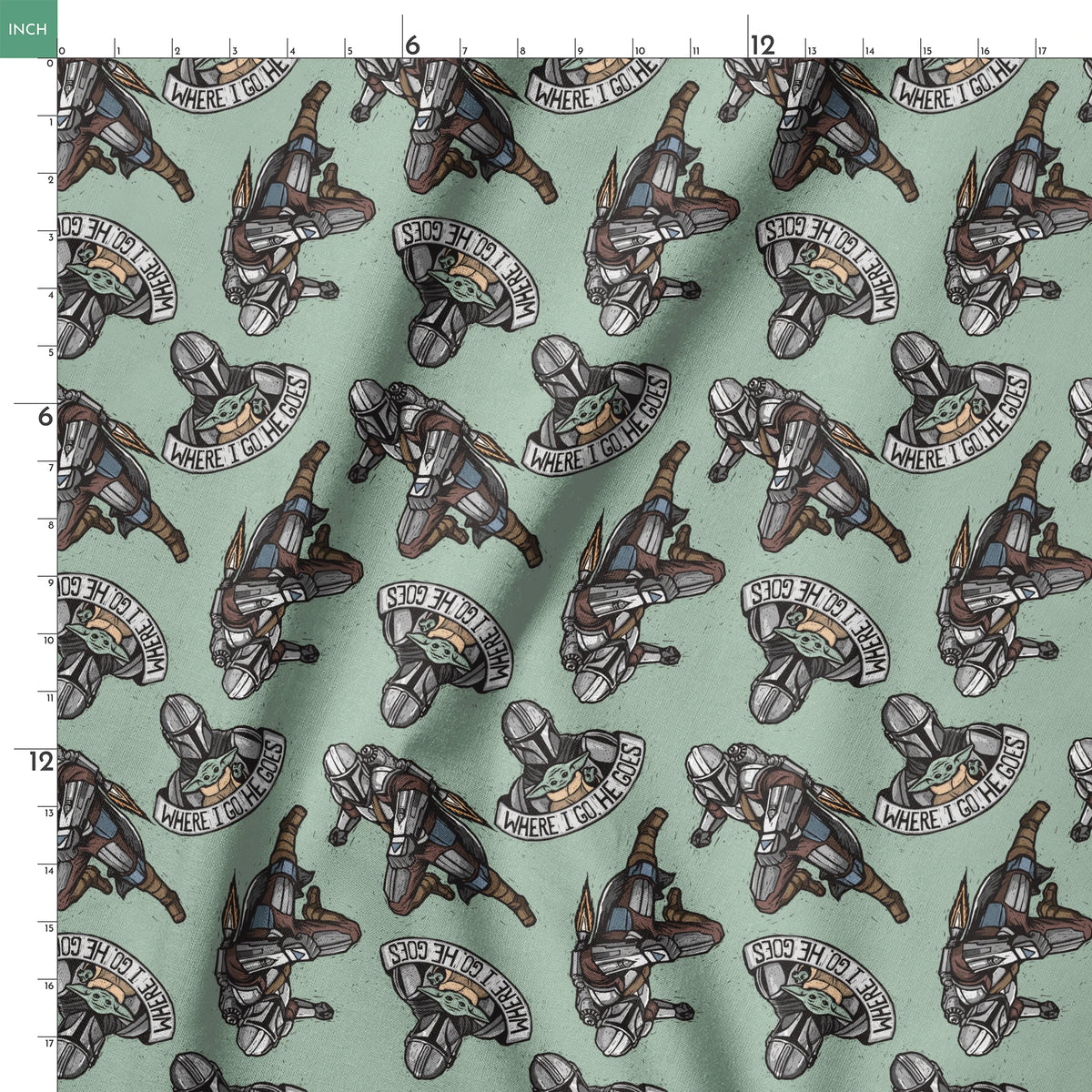 Star Wars-themed pattern featuring Mandalorian helmets with "Where I go, the child goes" banners on mint green background. springs ruler 18x18