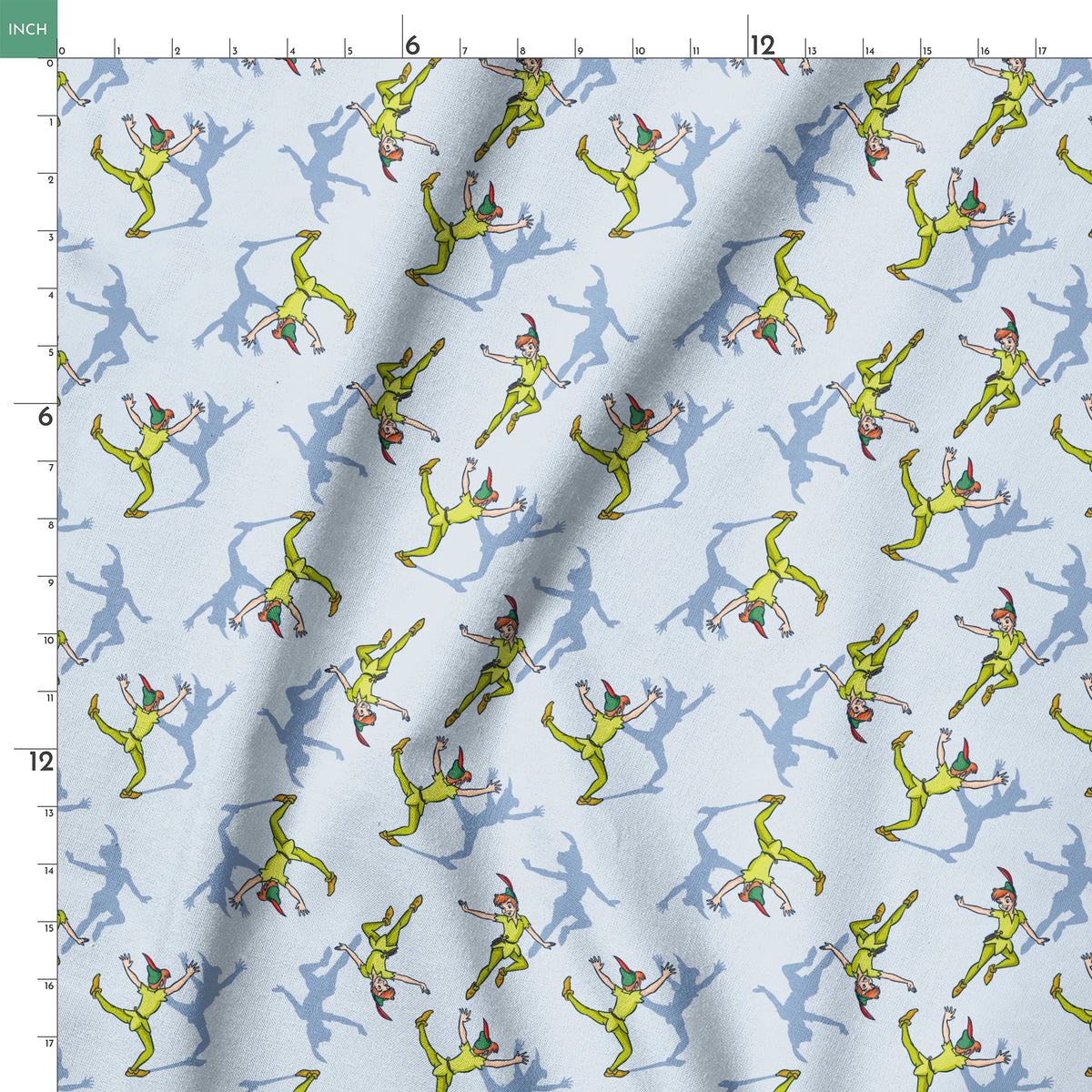 Colorful cartoon figures in bright green outfits with red accents dancing against a light blue background with shadows springs ruler 18x18