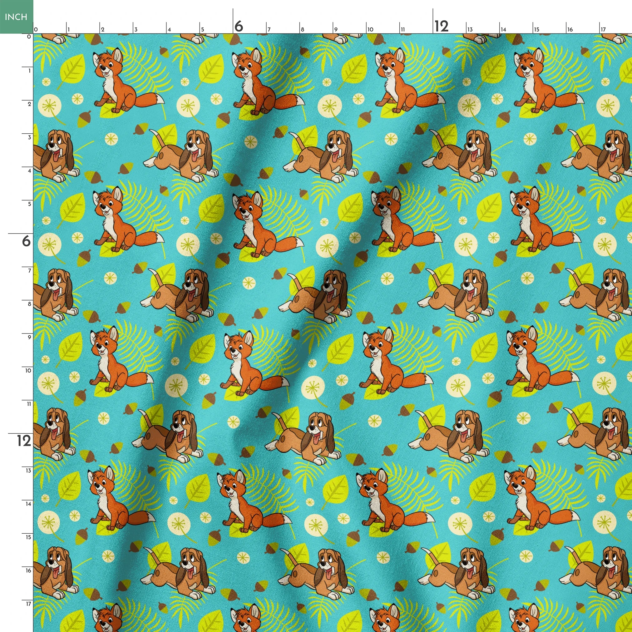 The Fox and the Hound characters on turquoise background with yellow leaves and acorns springs ruler 18x18
