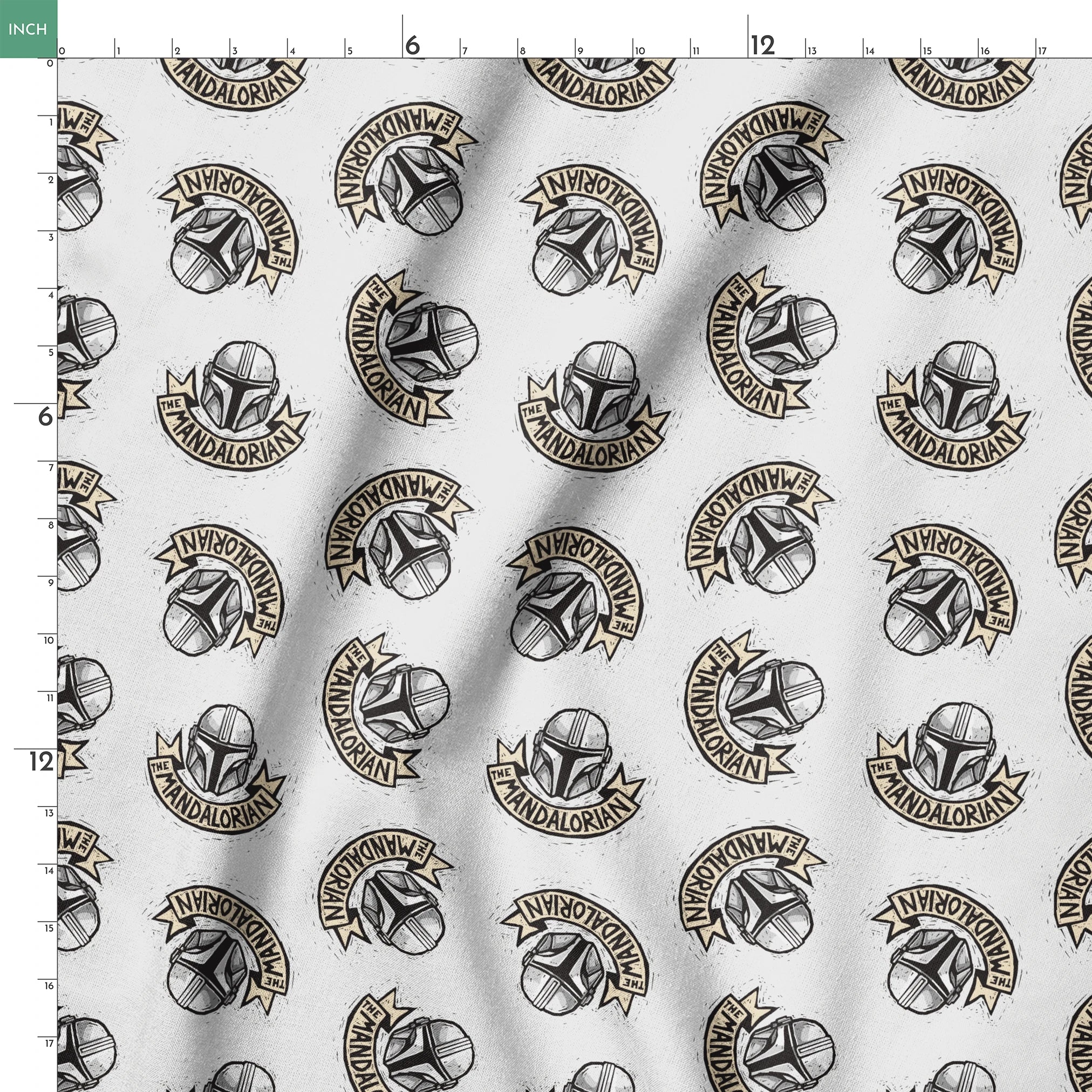 Star Wars Mandalorian helmet logo pattern with banners in black and gold on light background springs ruler 18x18