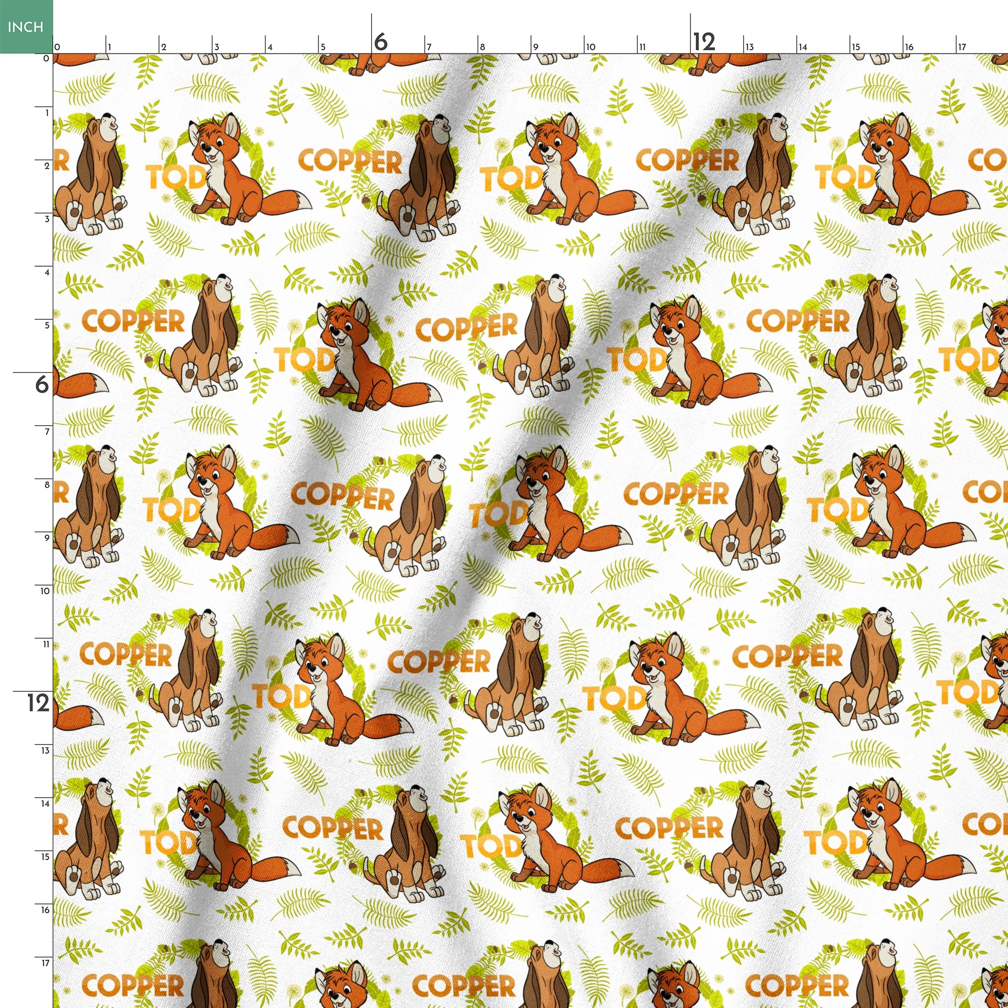 Fox and the Hound pattern with name "COPPER" and green fern background design springs ruler 18x18