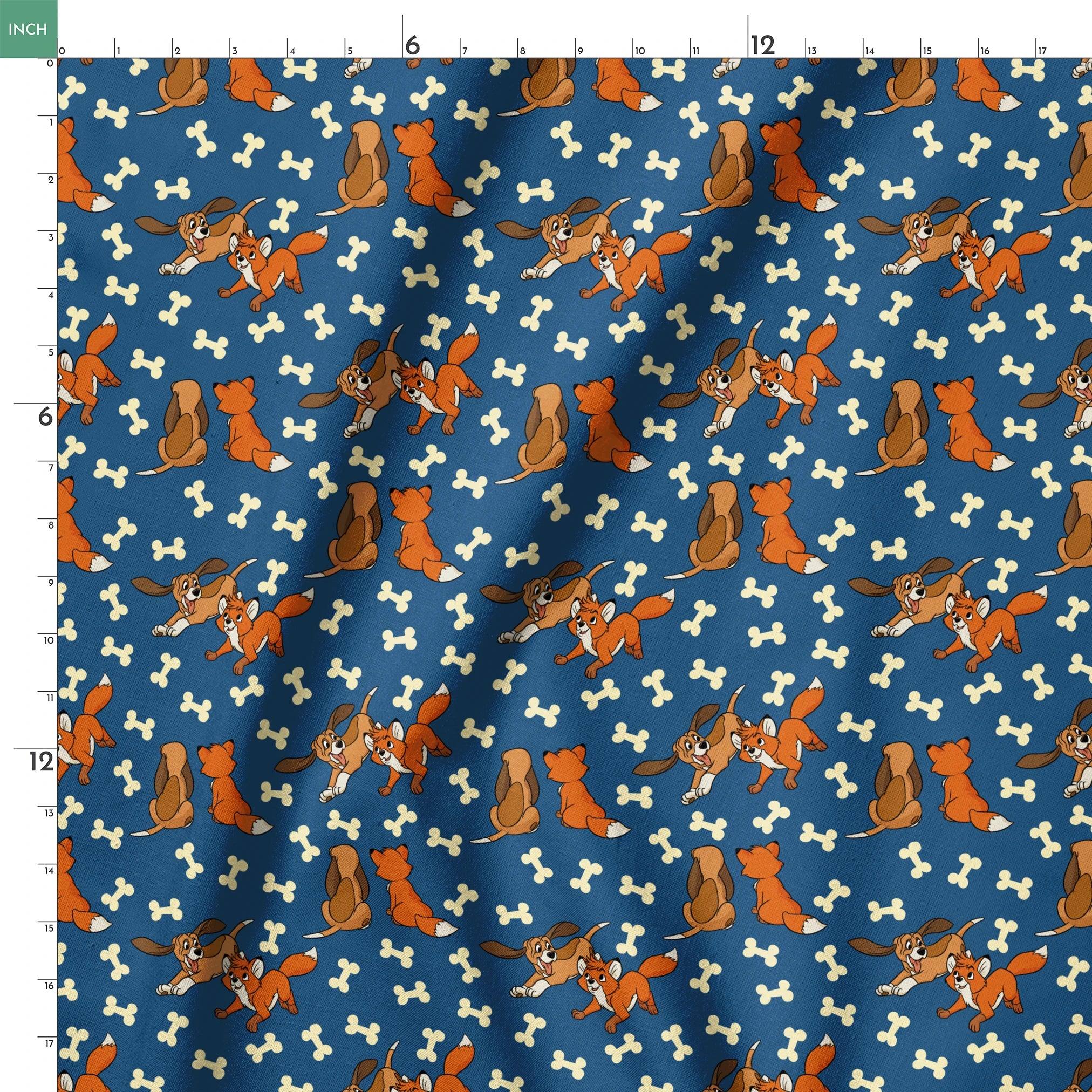 Fox and the Hound characters playing against blue background with scattered bone pattern springs ruler 18x18