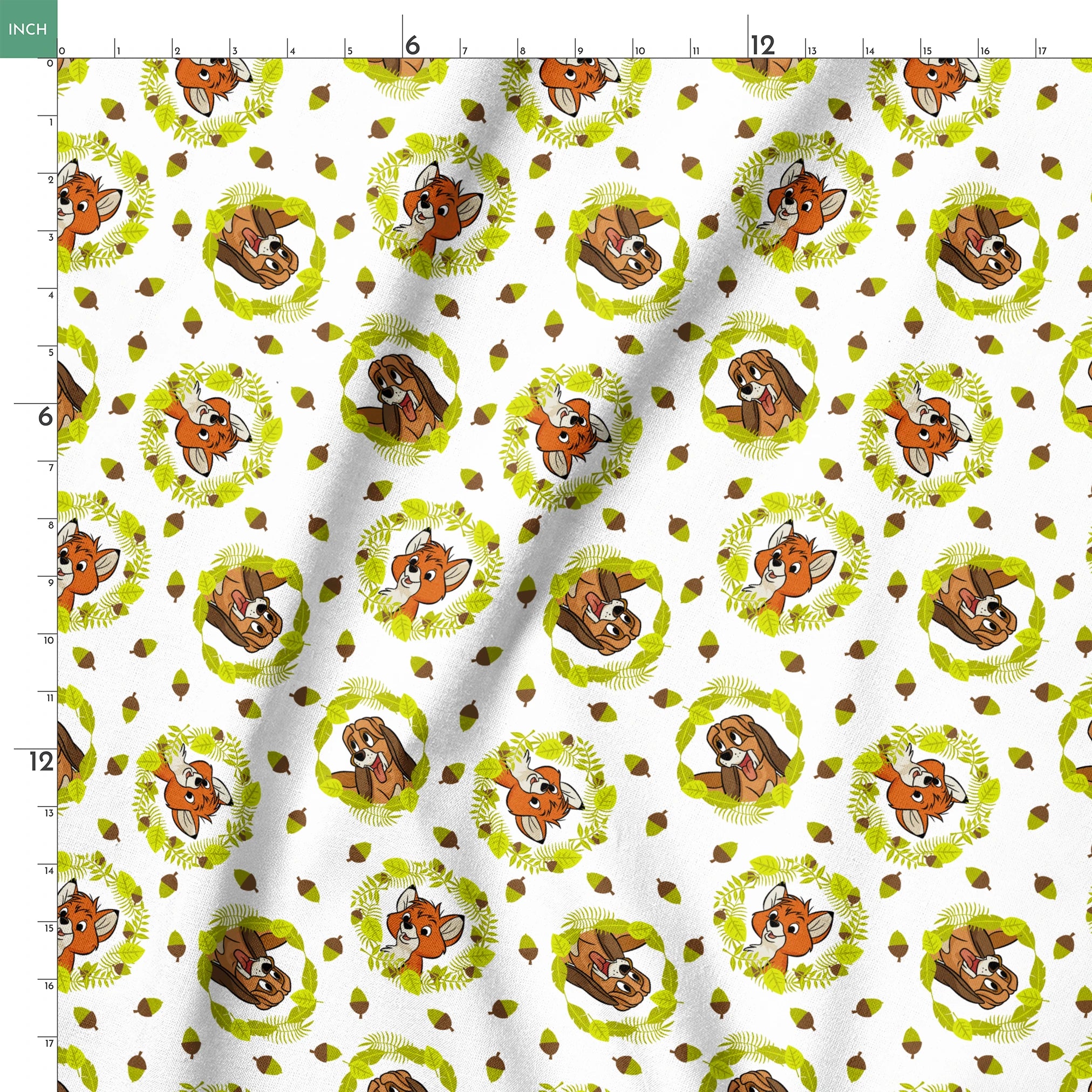 Fox and the Hound characters in green leafy wreaths with scattered acorns on white background springs ruler 18x18