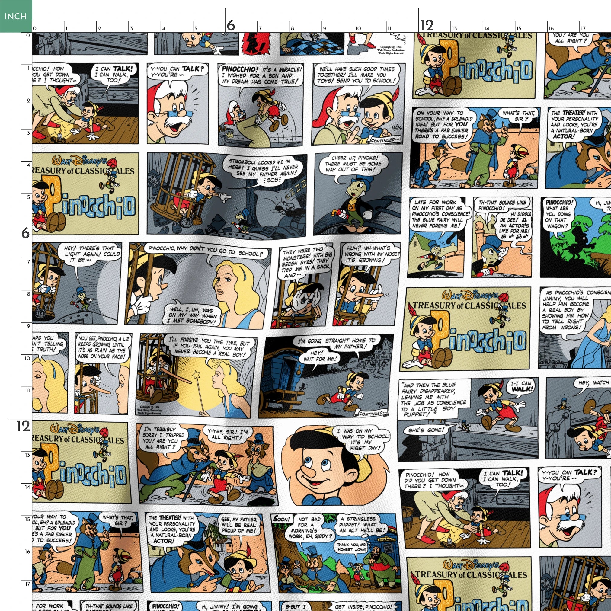 Comic strip collage featuring multiple panels from vintage comics with colorful characters, speech bubbles, and various cartoon scenes arranged in a grid pattern. springs ruler 18x18