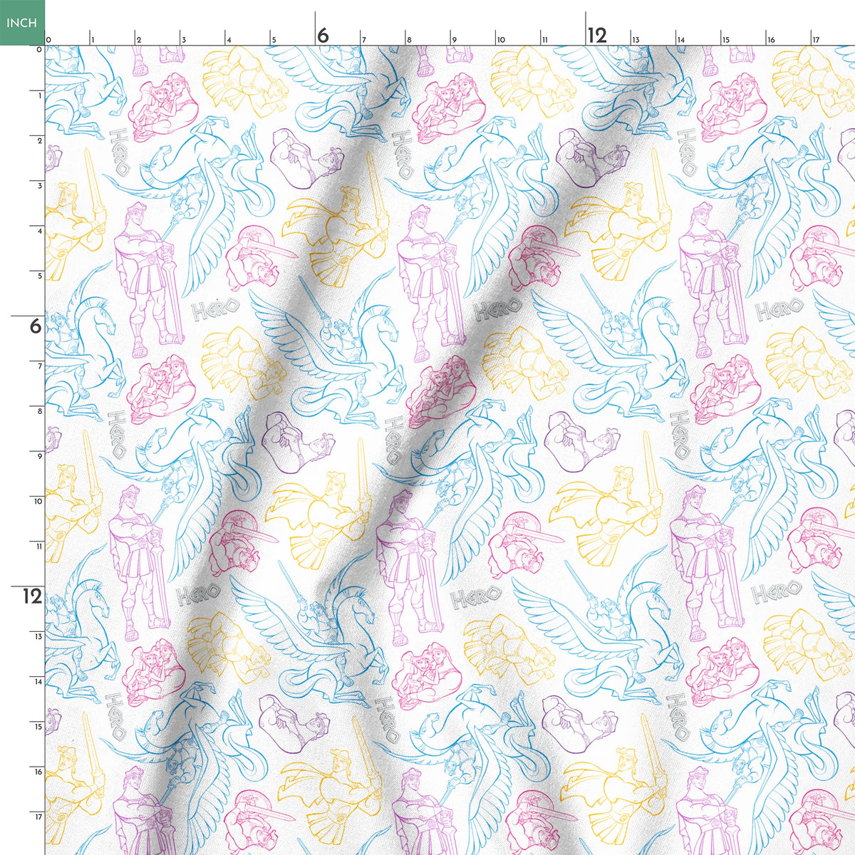 Colorful line art drawings of Hercules characters in blue, purple, and yellow outlines springs ruler 18x18