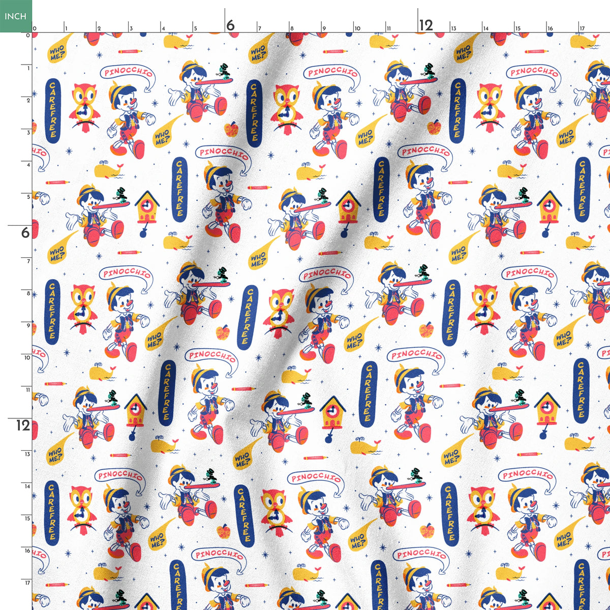 Colorful cartoon pattern featuring Pinocchio characters, whales, and text elements on white background springs ruler 18x18