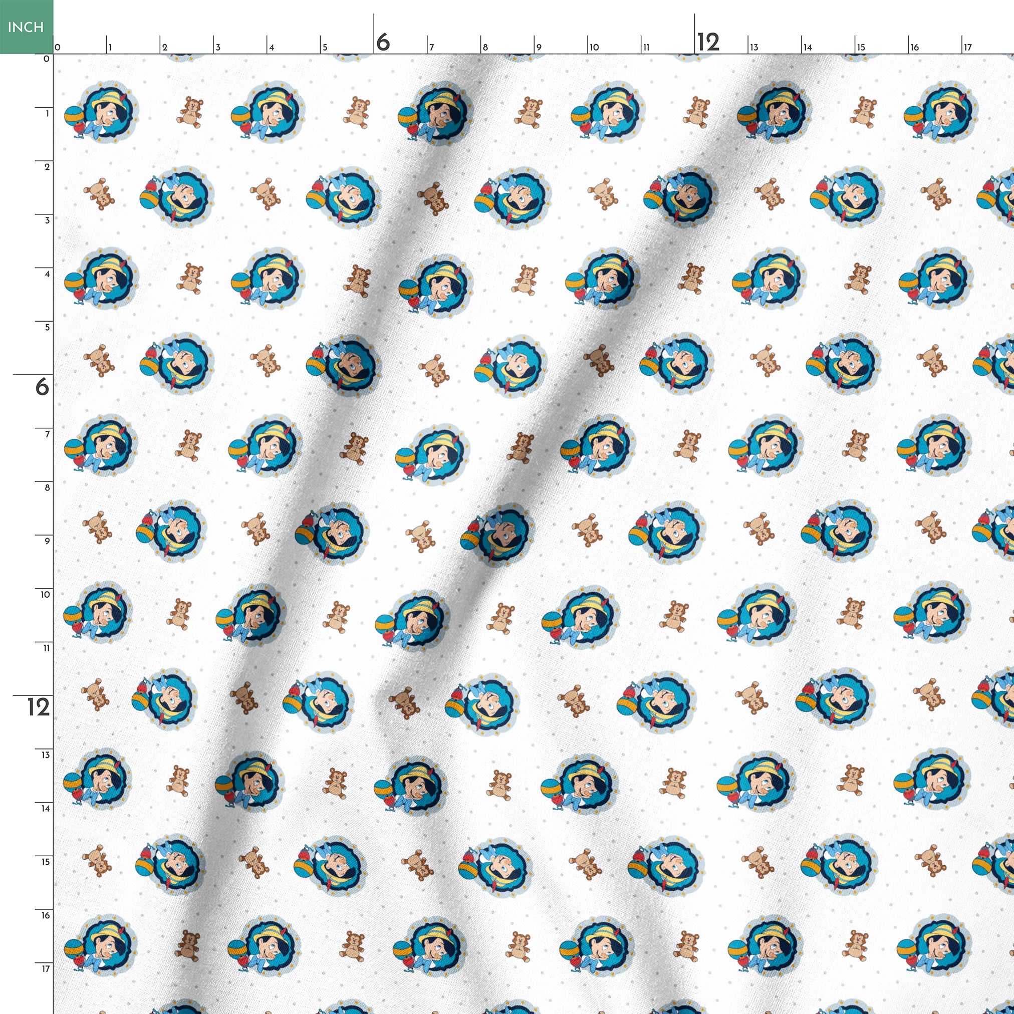 Repeating pattern of cartoon character in blue circle with teddy bears and colorful balls on light dotted background springs ruler 18x18