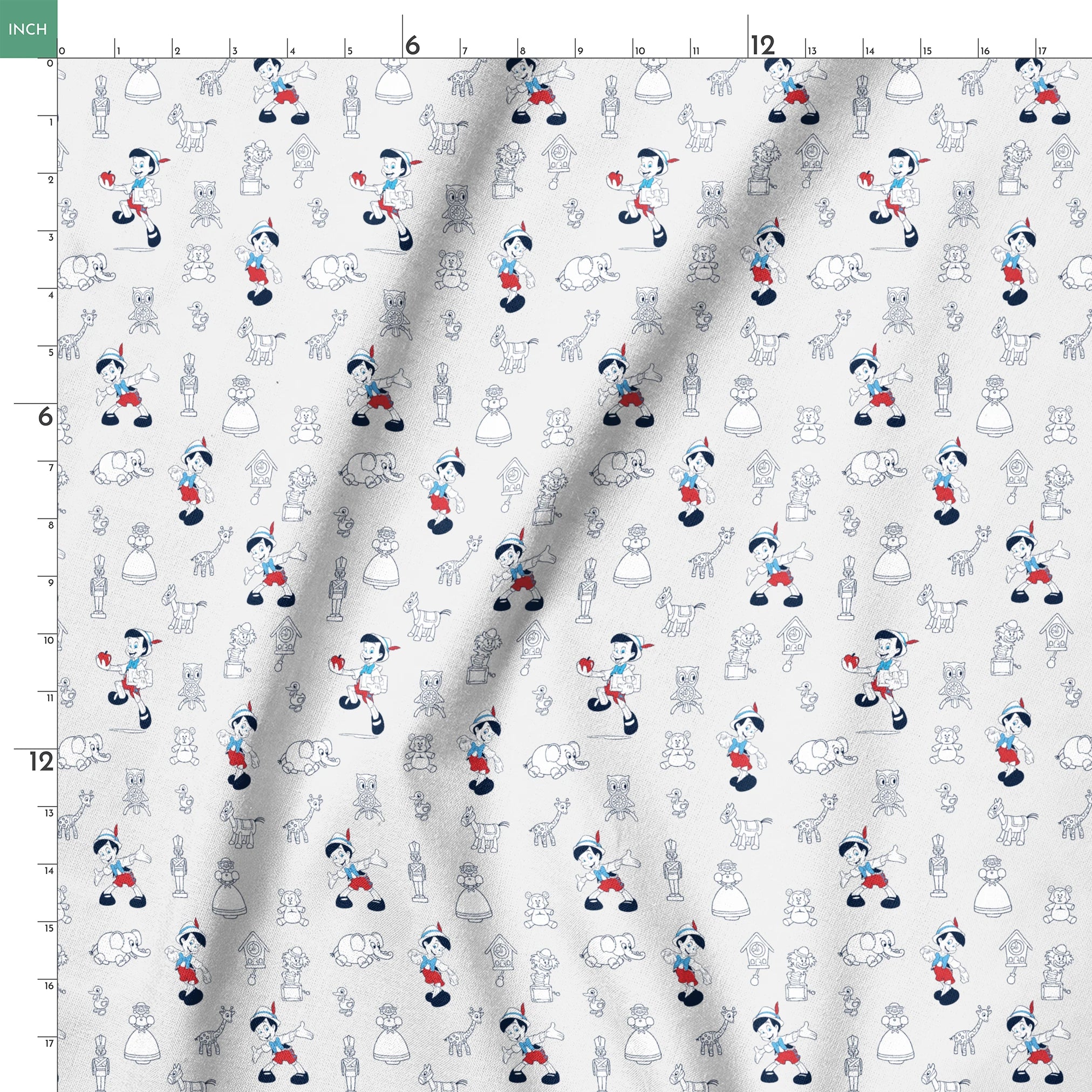 Pattern of vintage cartoon characters including Pinocchio and assorted animals on a light background with red and blue accents springs ruler 18x18