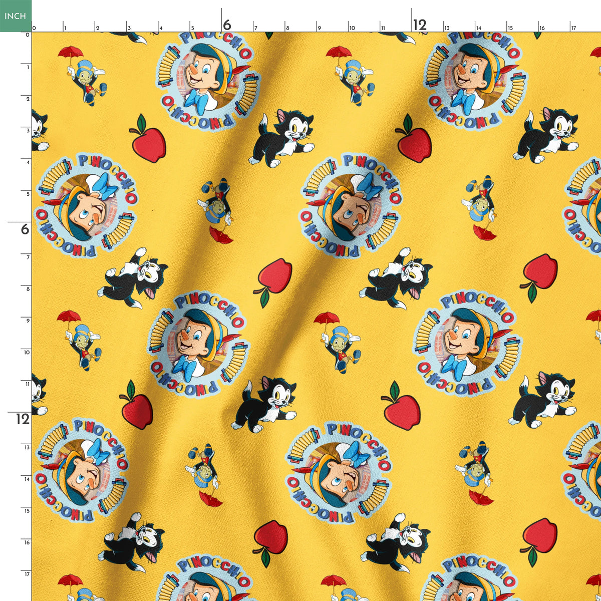 Pinocchio and Disney character pattern on yellow background with circular logos and red apples springs ruler 18x18