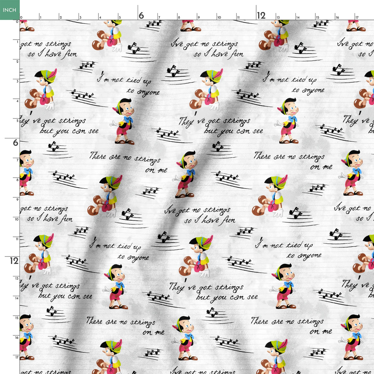 Cartoon characters on a light gray background with musical notes and phrases about strings springs ruler 18x18