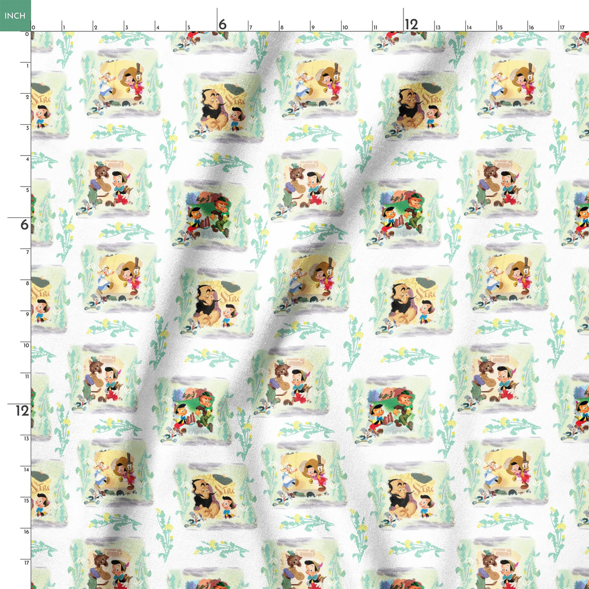 Cartoon pattern featuring Pinocchio characters in framed scenes with decorative greenery on white background springs ruler 18x18