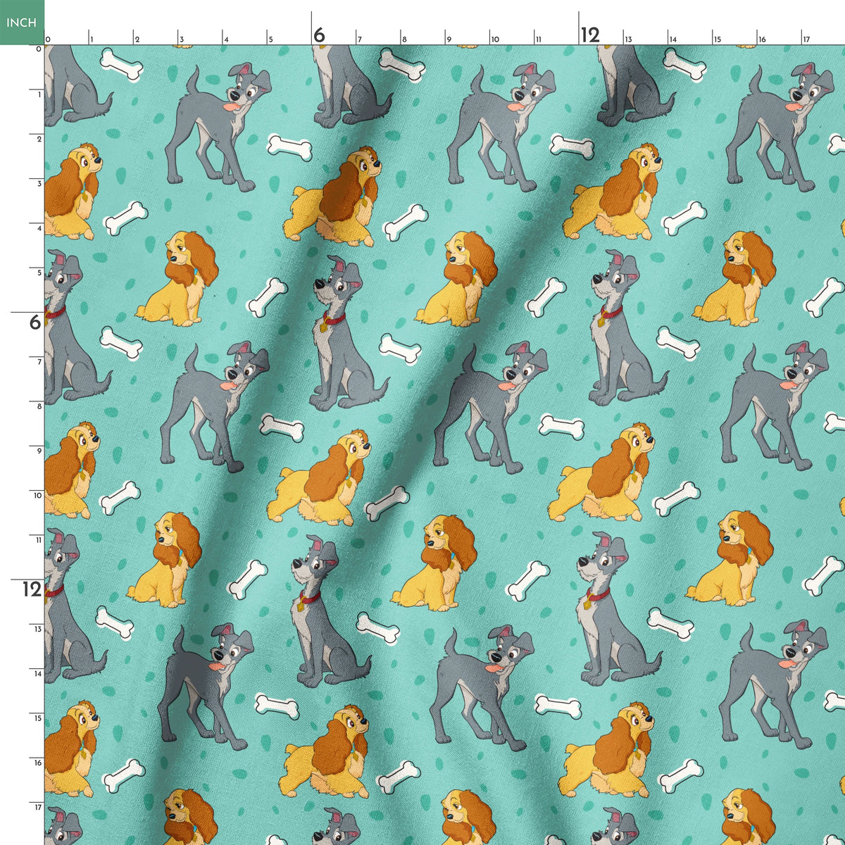 Cartoon pattern of gray dogs and golden cocker spaniels with white bones on turquoise background springs ruler 18x18