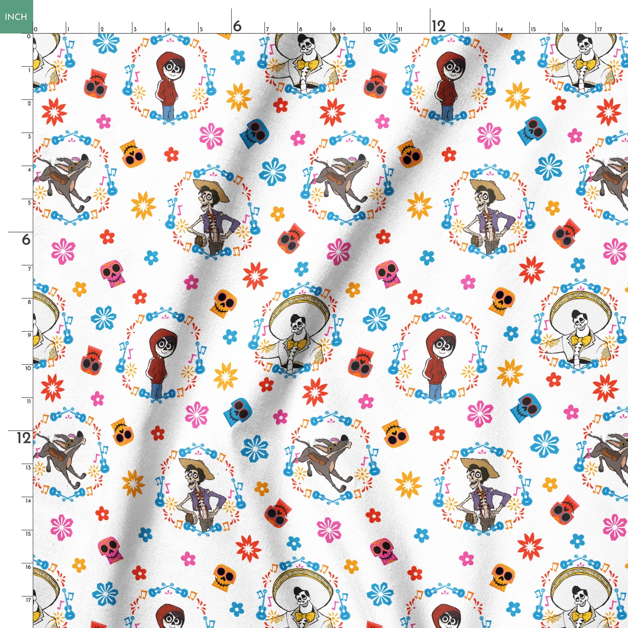 Colorful Coco pattern with Day of the Dead skeleton characters in floral wreaths, sugar skulls, and bright flowers on white background springs ruler 18x18