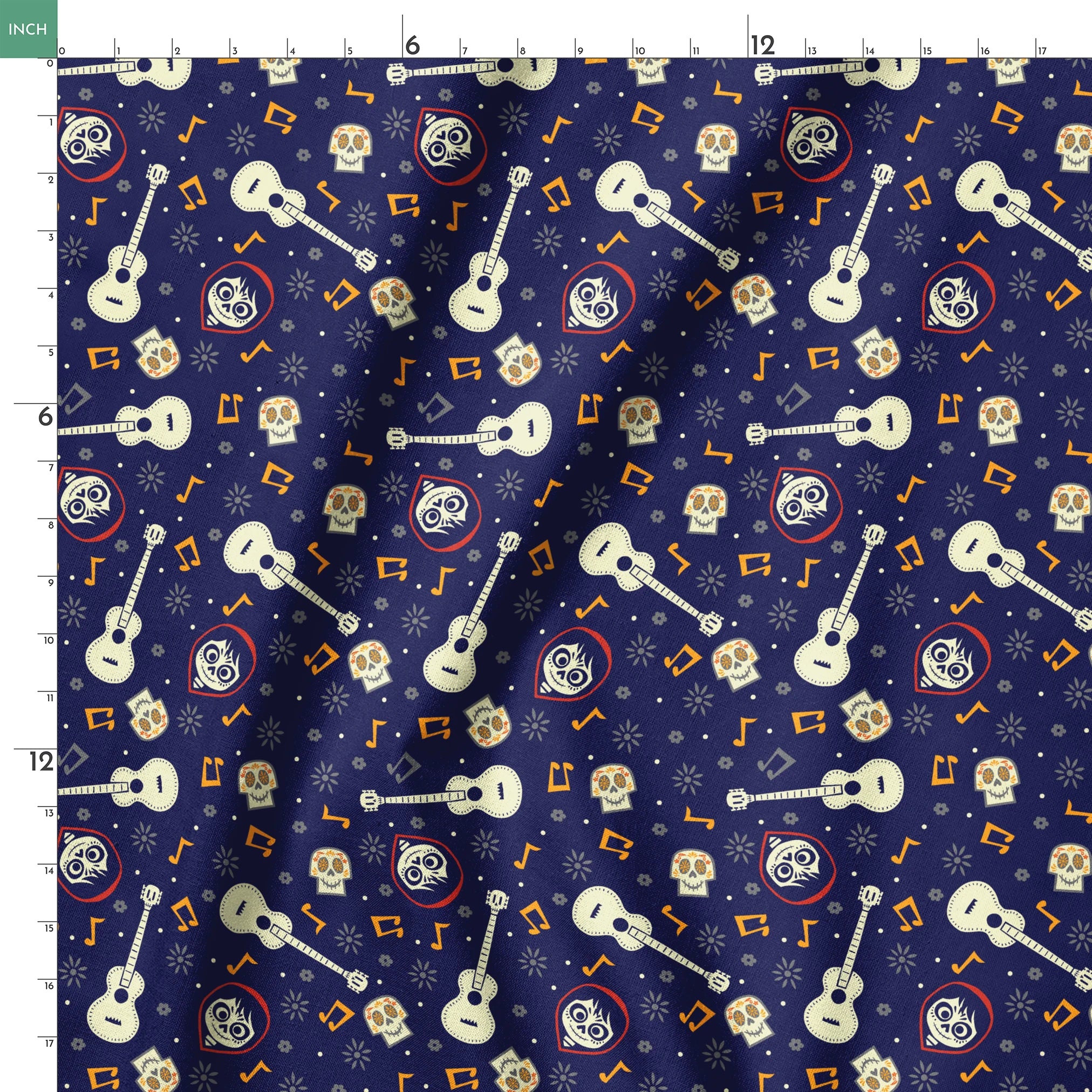 Coco dark blue pattern with white acoustic guitars, decorative skulls, orange musical notes, and circular designs scattered across a starry background. springs ruler 18x18