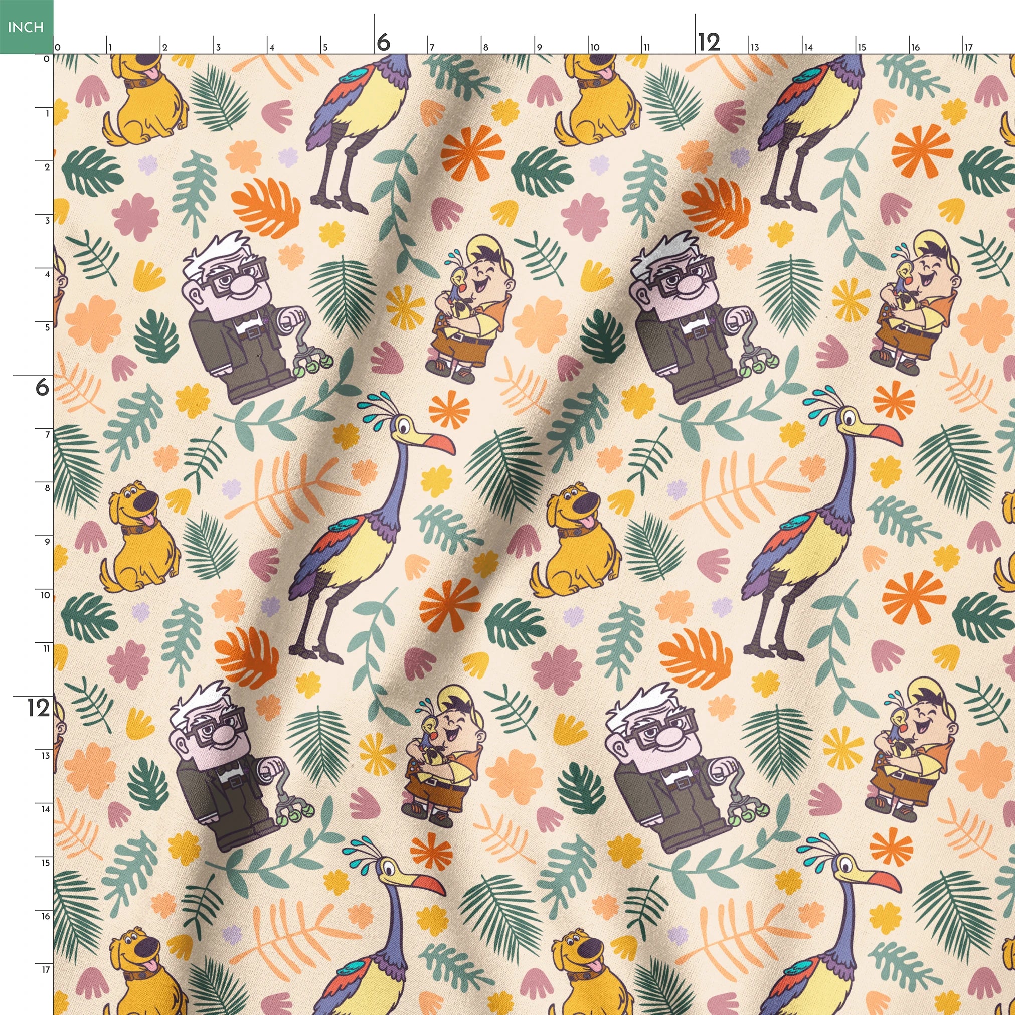 Whimsical cartoon pattern with colorful characters from Pixar's "Up" against floral background springs ruler 18x18