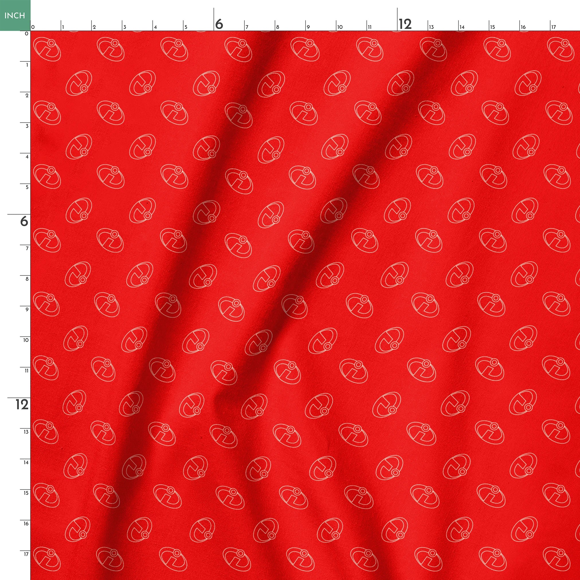Red background with The Incredibles logos in a repeating pattern springs ruler 18x18
