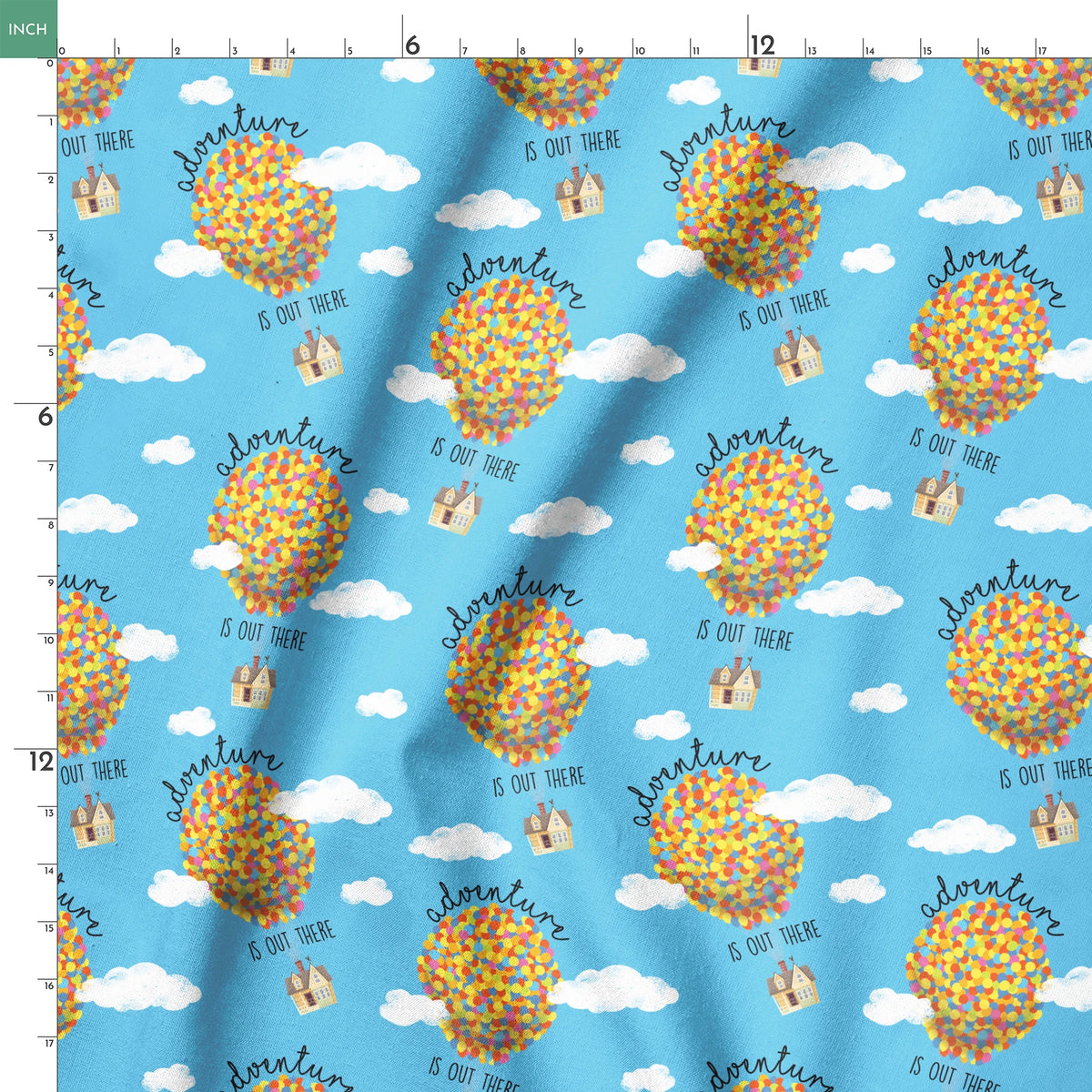 Colorful Up-inspired balloon houses floating in blue sky with text "Adventure is out there" repeating in pattern springs ruler 18x18