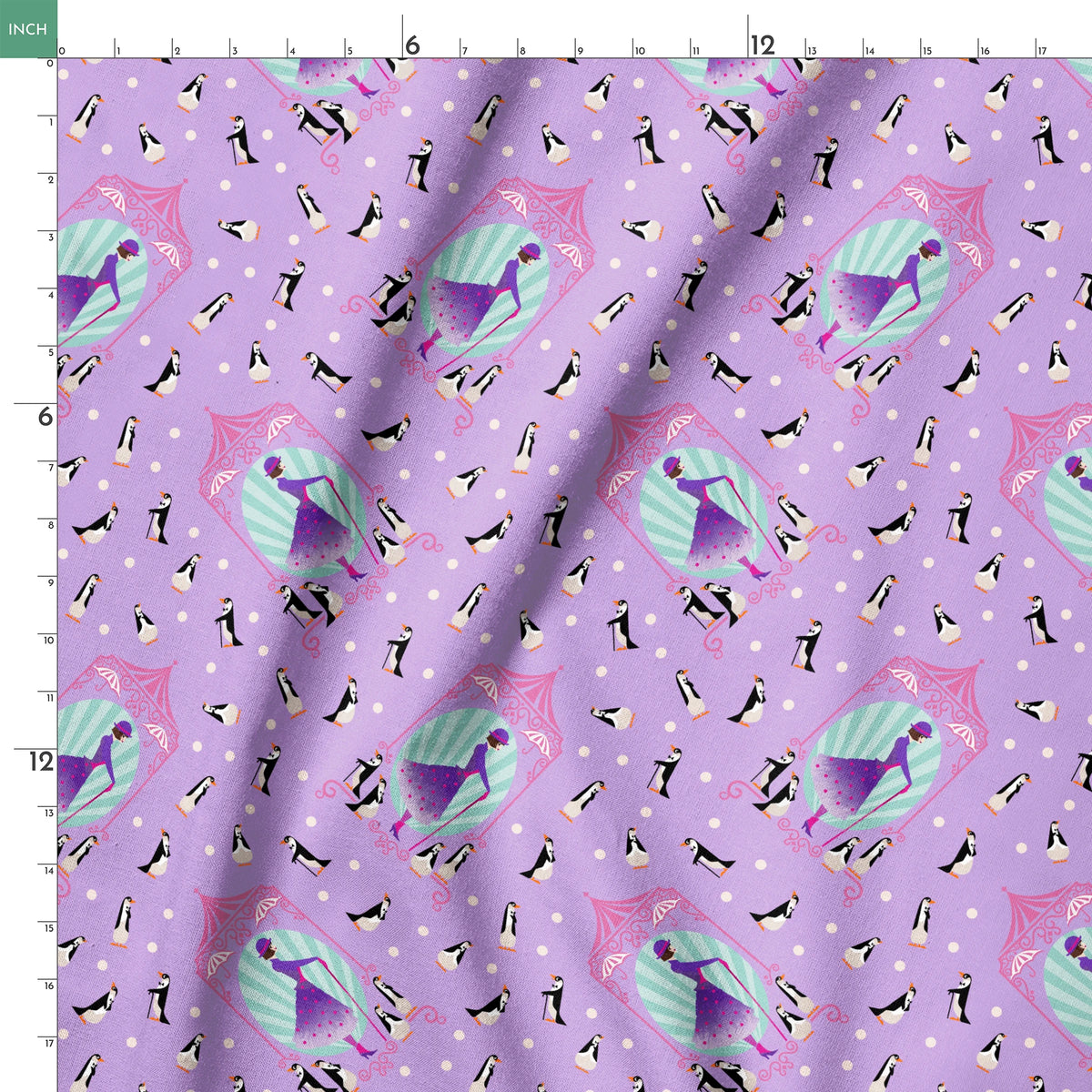 Playful pattern of penguins, Mary Poppins, and purple umbrellas on lavender background with white polka dots springs ruler 18x18