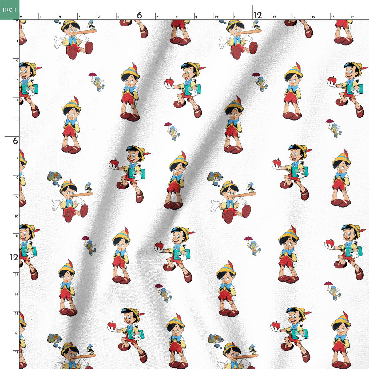 Repeating pattern of cartoon wooden puppet character with pointed hat in various poses springs ruler 18x18