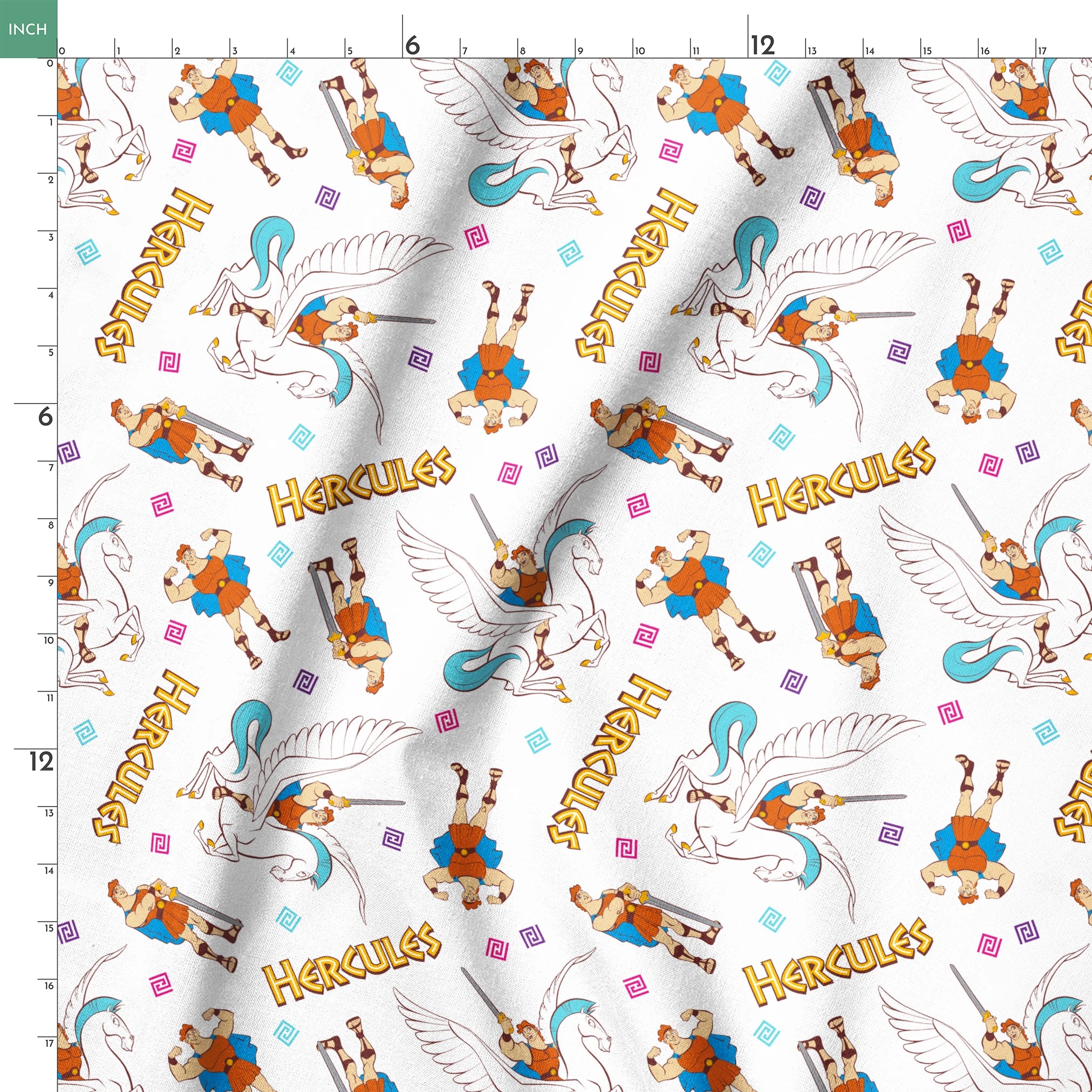 Cartoon pattern of Hercules characters with Pegasus, swords, and "HERCULES" text on white background springs ruler 18x18