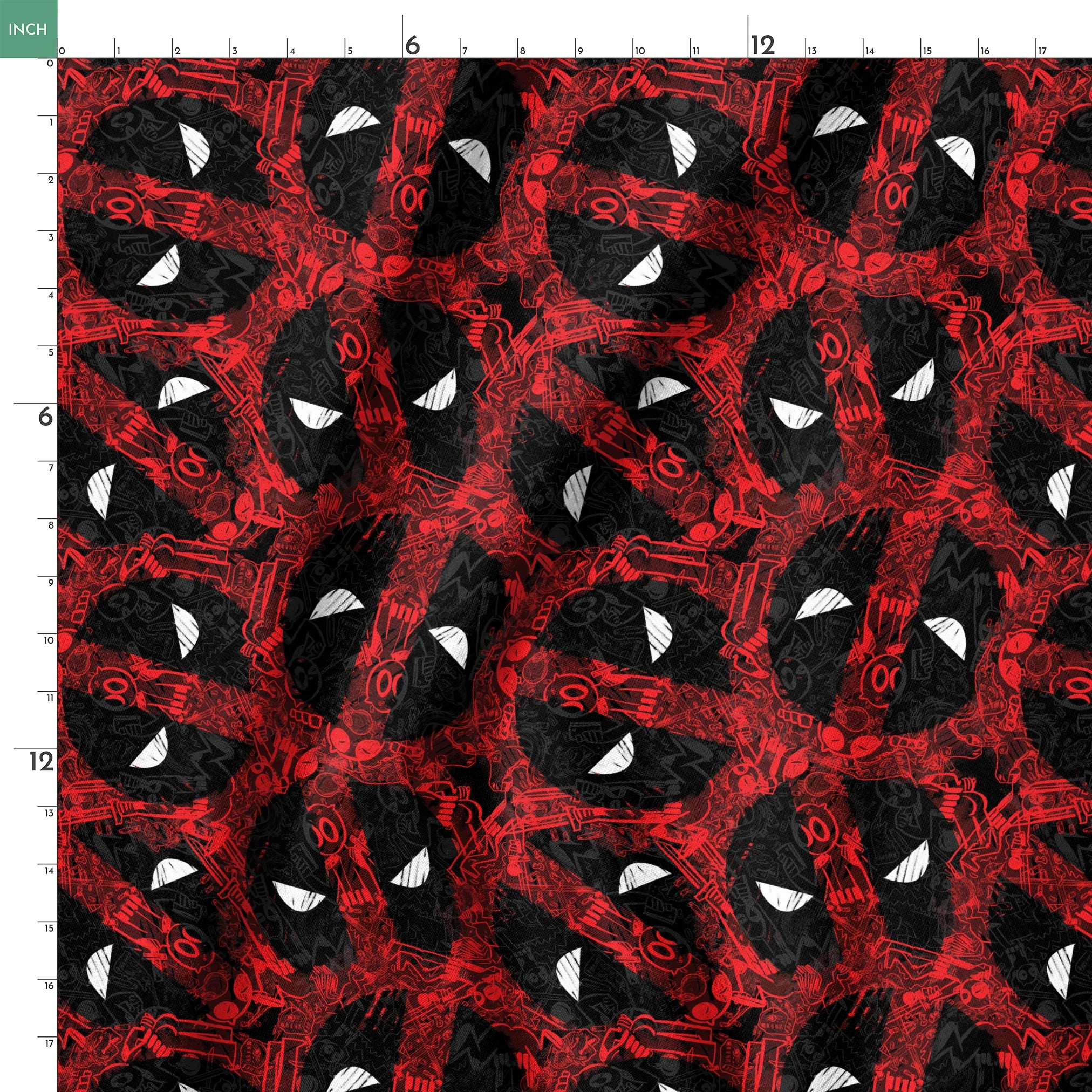 Abstract pattern of red and black chaotic lines with white triangular shapes scattered throughout the design springs ruler 18x18