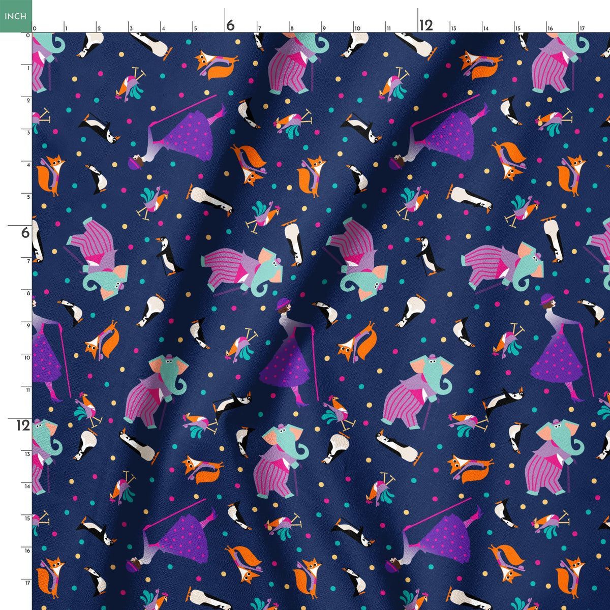 Colorful Mary Poppins pattern of whimsical animals including foxes and birds on a dark blue background with polka dots springs ruler 18x18