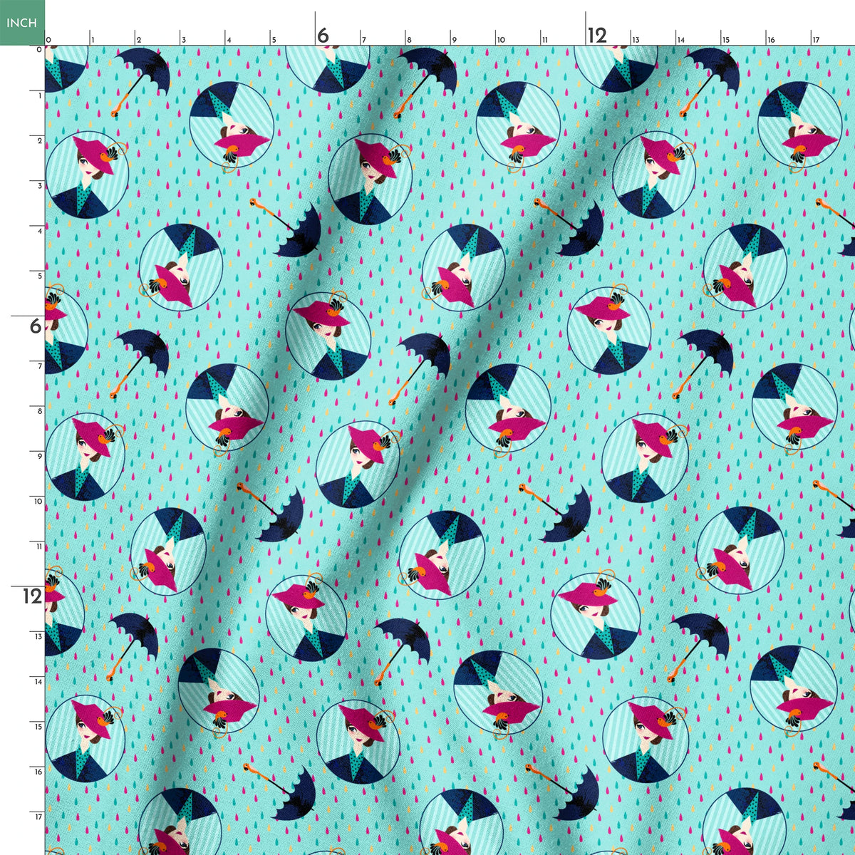 Colorful rainy pattern with Mary Poppins holding umbrellas in circular frames on turquoise background with pink raindrops springs ruler 18x18