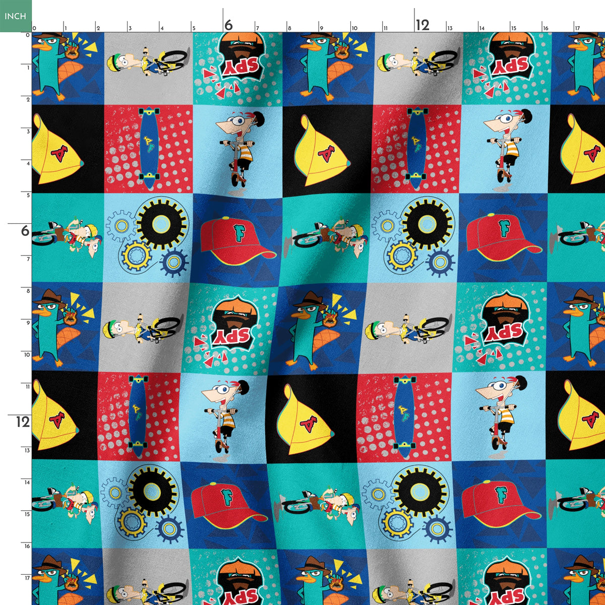 Phineas and Ferb cartoon characters in 9-square grid featuring Perry, logos, and mechanical designs springs ruler 18x18