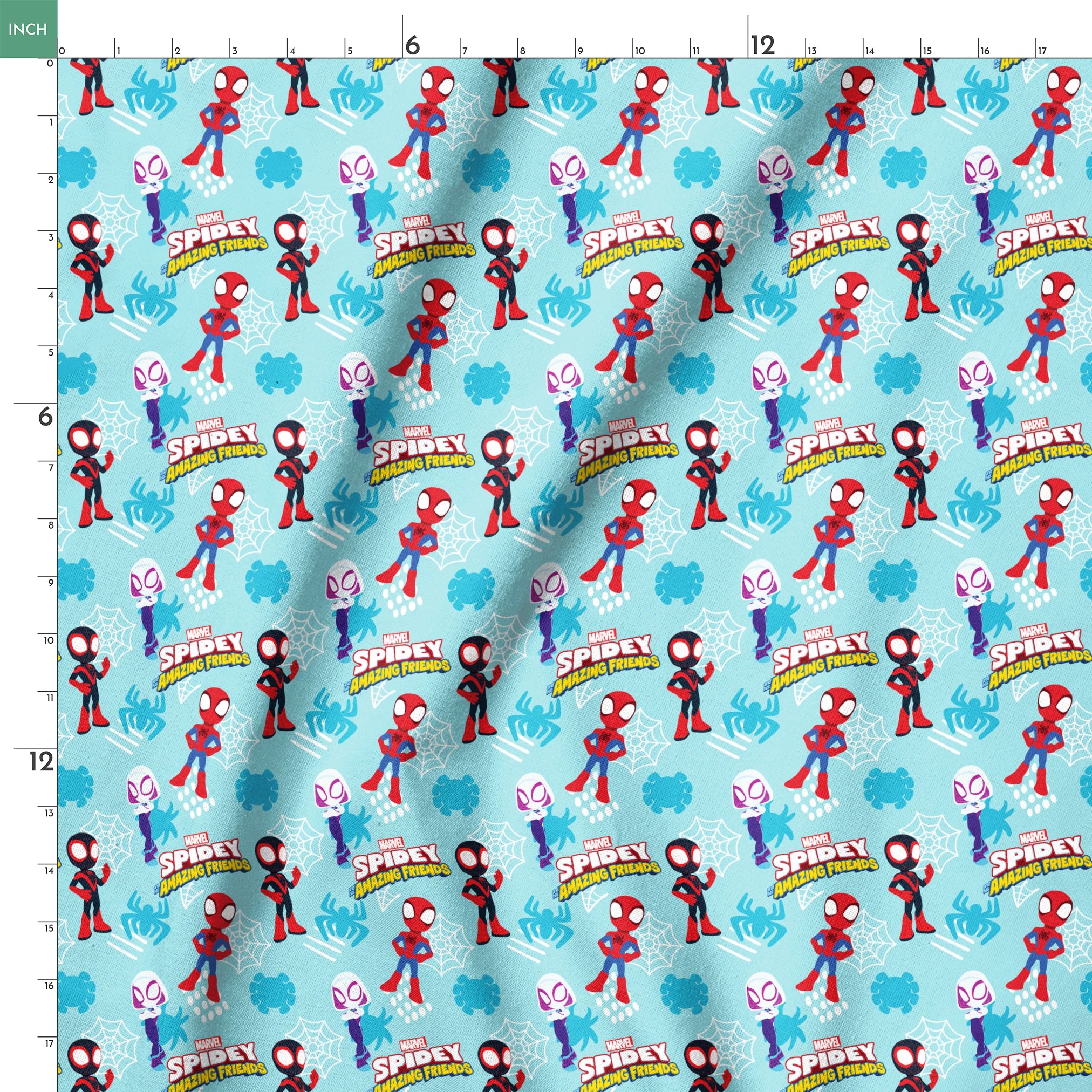 Marvel Spider-Man cartoon characters on blue background with spider webs and logos, featuring different Spider-Man costume variants. springs ruler 18x18