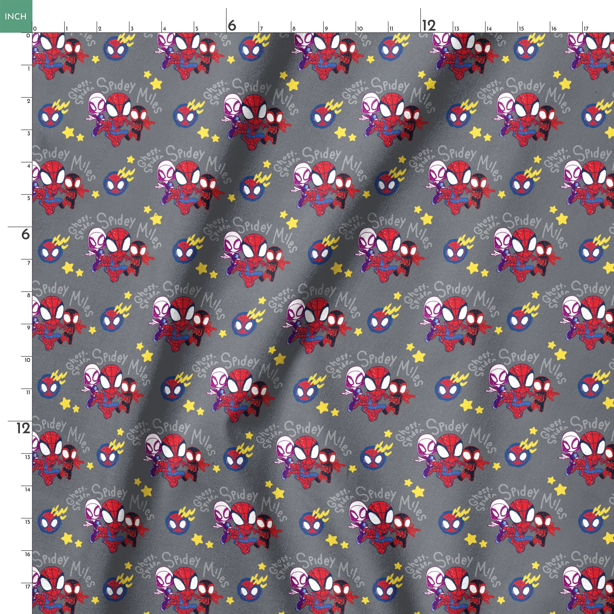 Cartoon Spider-Man characters pattern with stylized spider heroes and yellow stars on gray background springs ruler 18x18