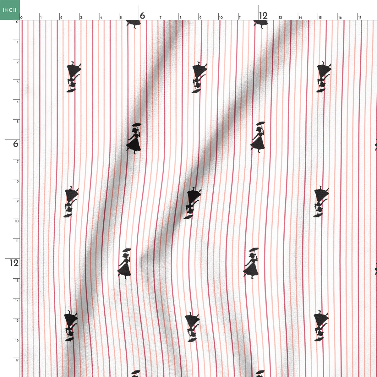 Mary Poppins silhouette figures on white background with thin pink vertical stripes springs ruler 18x18