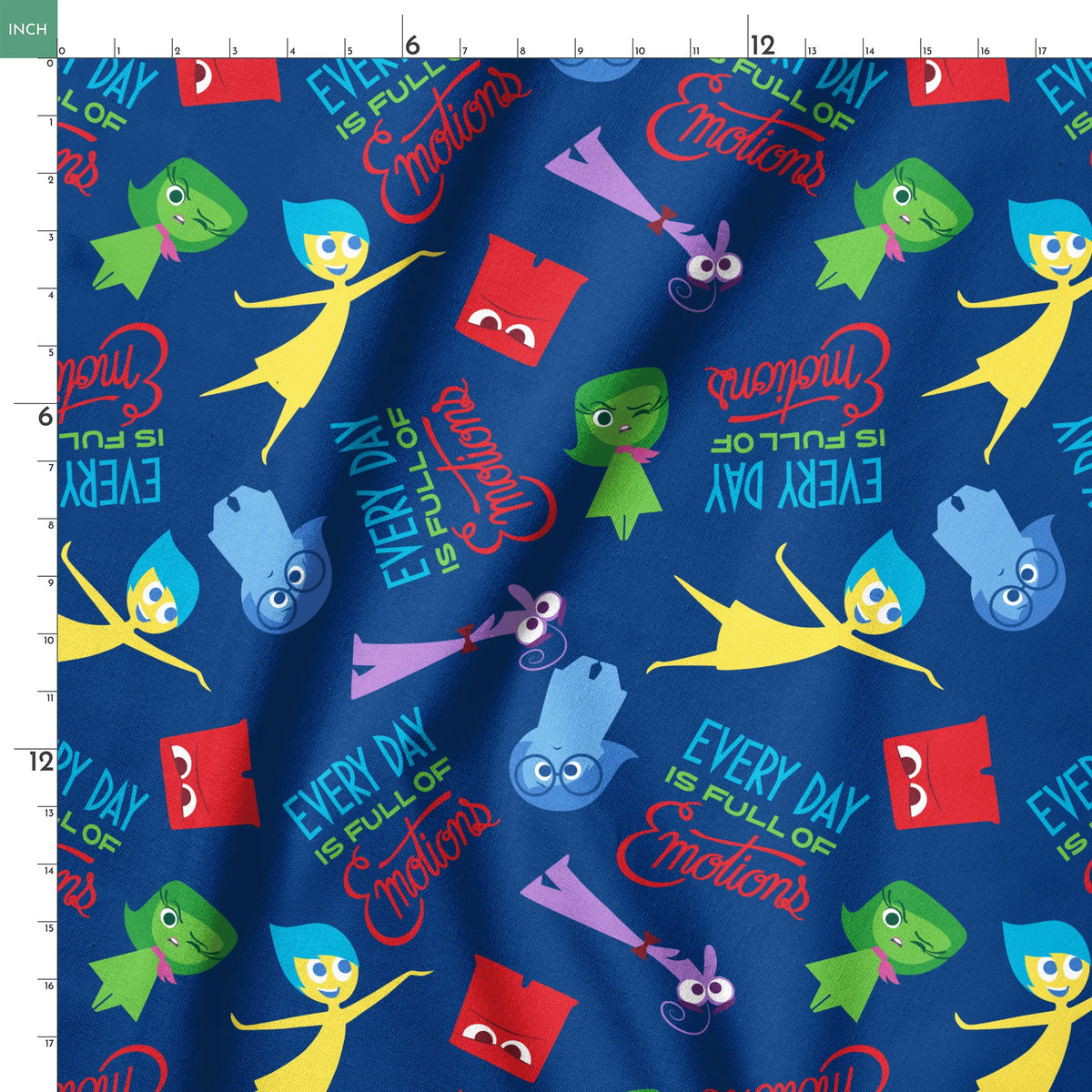 Colorful cartoon character pattern on blue background with characters from Inside Out movie and text phrases springs ruler 18x18