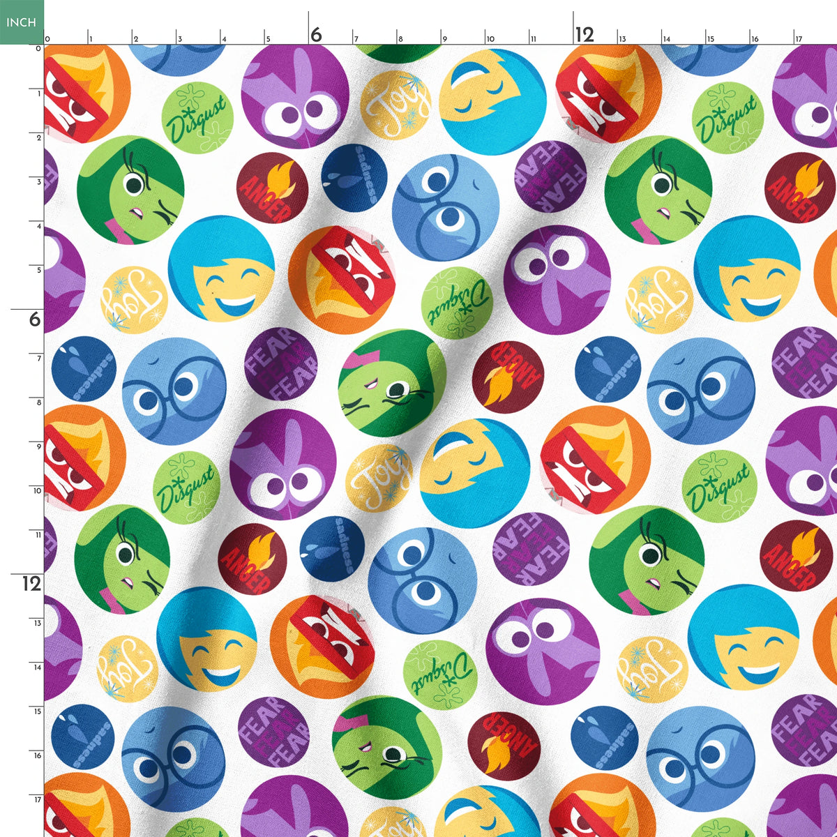 Colorful Inside Out character circles with various expressions in purple, green, blue, yellow, and red springs ruler 18x18