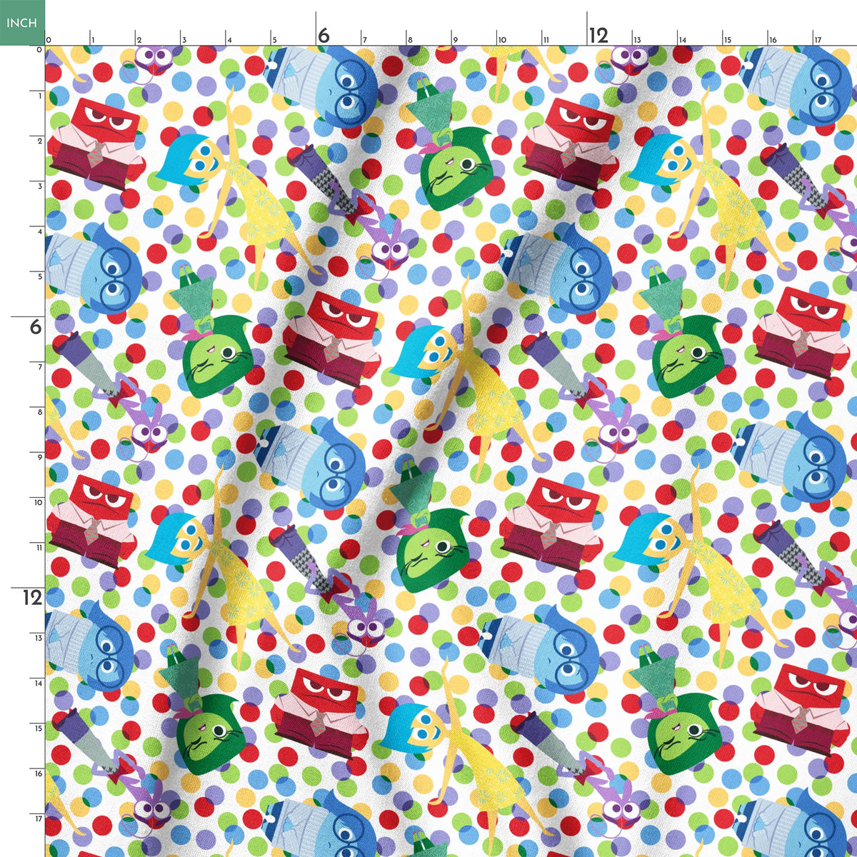 Colorful pattern of animated character heads from Inside Out movie on polka dot background springs ruler 18x18