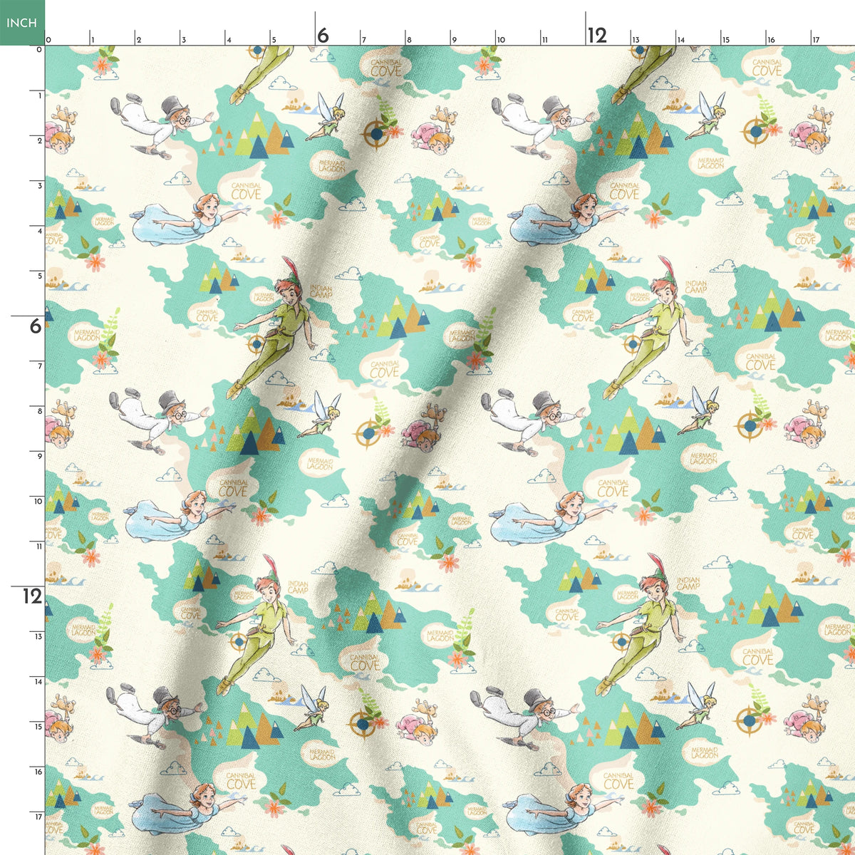 This is a whimsical Peter Pan themed pattern featuring characters flying through a turquoise sky with geometric mountains and text bubbles showing "Mermaid Cove" locations. springs ruler 18x18