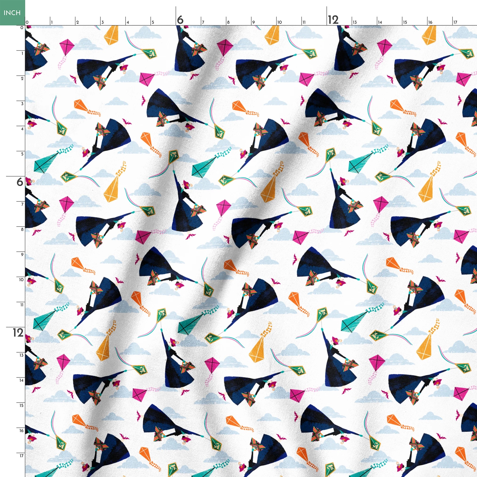 Colorful kites in orange, pink, and green along with Mary Poppins flying in a cloudy blue sky springs ruler 18x18