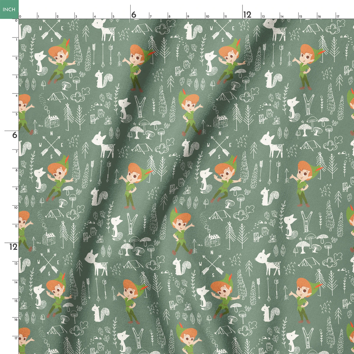 Illustrated forest pattern with cartoon characters in green outfits, white animals, and woodland elements on sage background. springs ruler 18x18