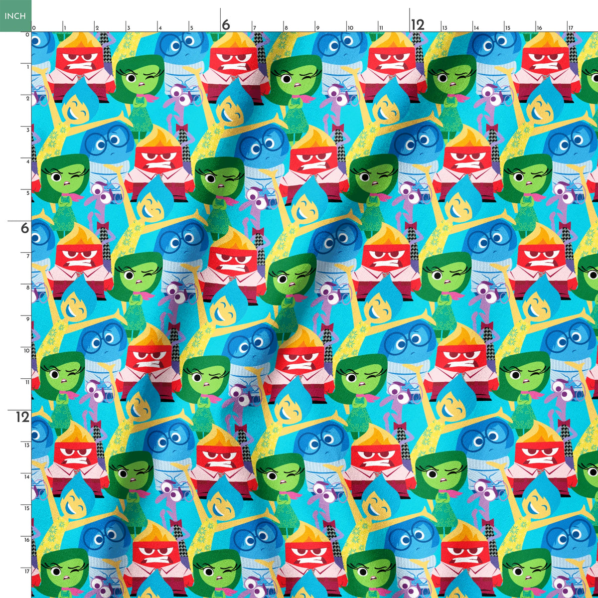 Colorful animated characters from Pixar's Inside Out - Joy, Sadness, Anger, Disgust and Fear in repeating pattern springs ruler 18x18