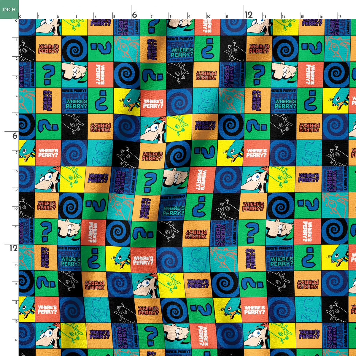 Colorful grid pattern with Phineas and Ferb cartoon characters, logos, question marks, and spirals in blue, green, and orange squares. springs ruler 18x18